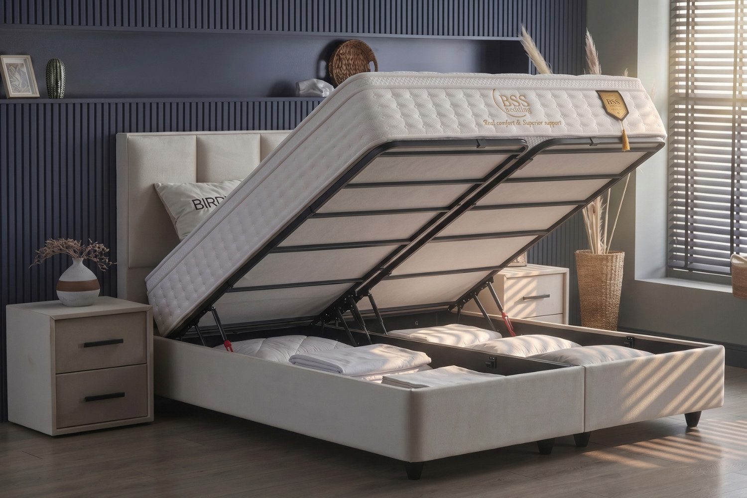 Pointhome Boxspringbett mit Bettkasten, Bett mit Matratze & Stauraum, mit/ohne Nachttisch (140x200 cm, 1 Bettkopfteil, 1x H3 Matratze, 2 Bettkasten, 2 optionale Nachtschrank), Boxbett und Stauraum