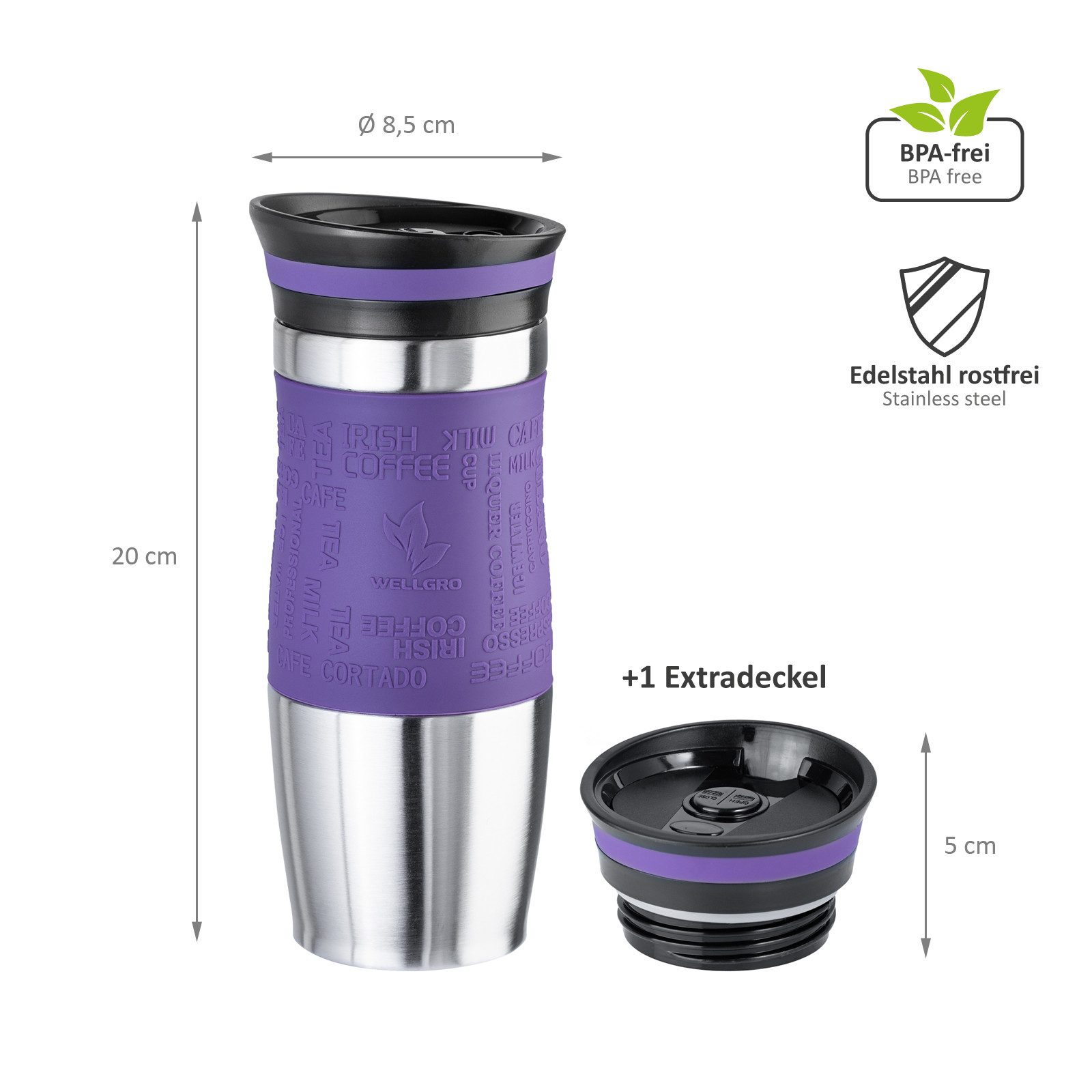 Wellgro Thermobecher Thermobecher 400 ml inklusive 1 Extradeckel