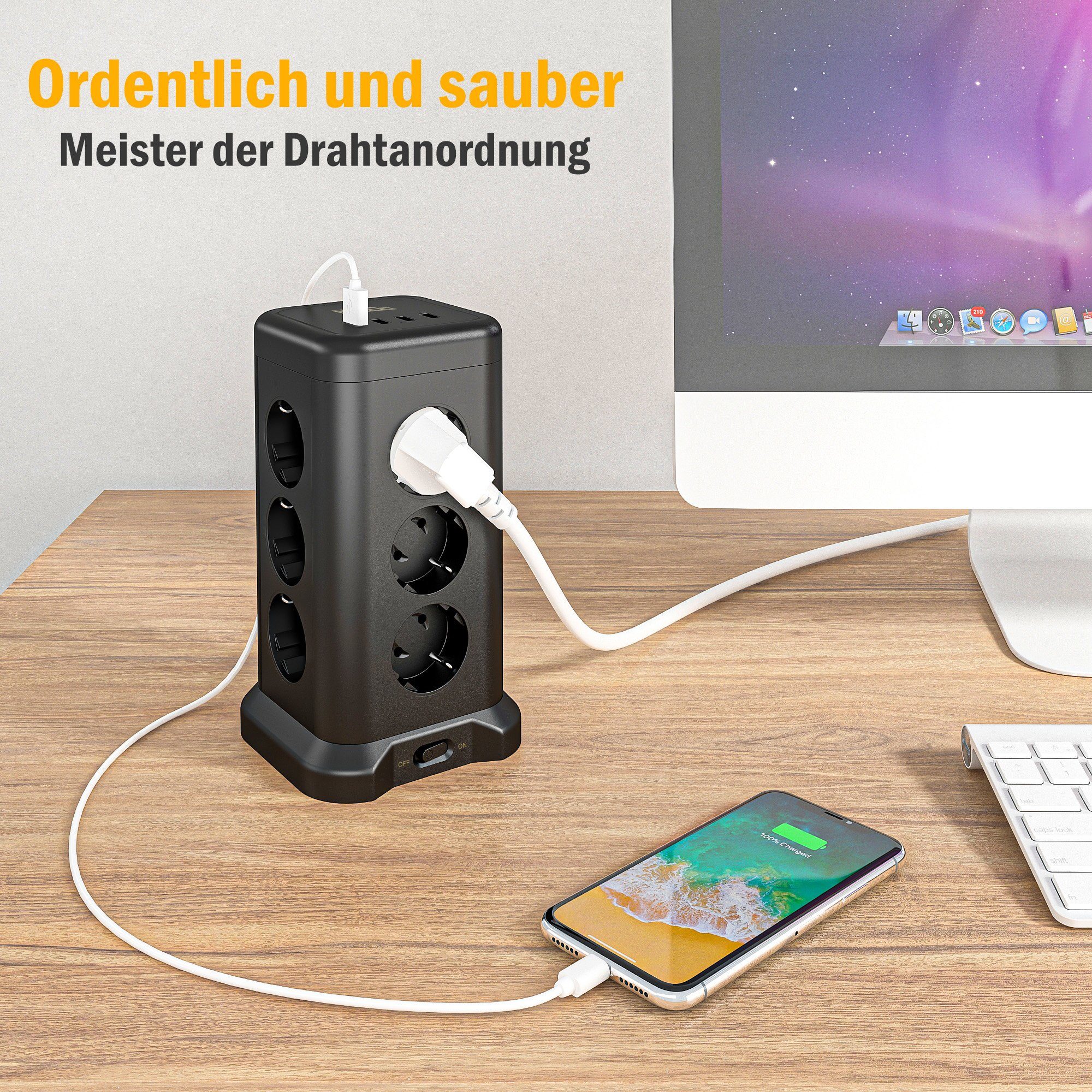 neue dawn 12 Fach Mehrfachsteckdose mit 4 USB Steckdosenturm Steckdosenleiste Mehrfachsteckdose 12-fach (mit überspannungsschutz, Kabellänge 2 m), Ein-/Ausschalter,Mehrfachsteckdose,Verlängerungskabel