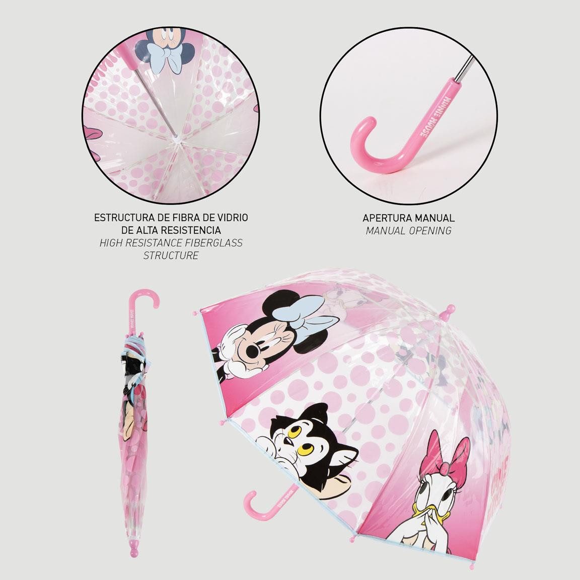 Disney Minnie Mouse Langregenschirm Ø 45 cm Kinder Regenschirm Manuell Rosa Transparent – Bild 5 von 5