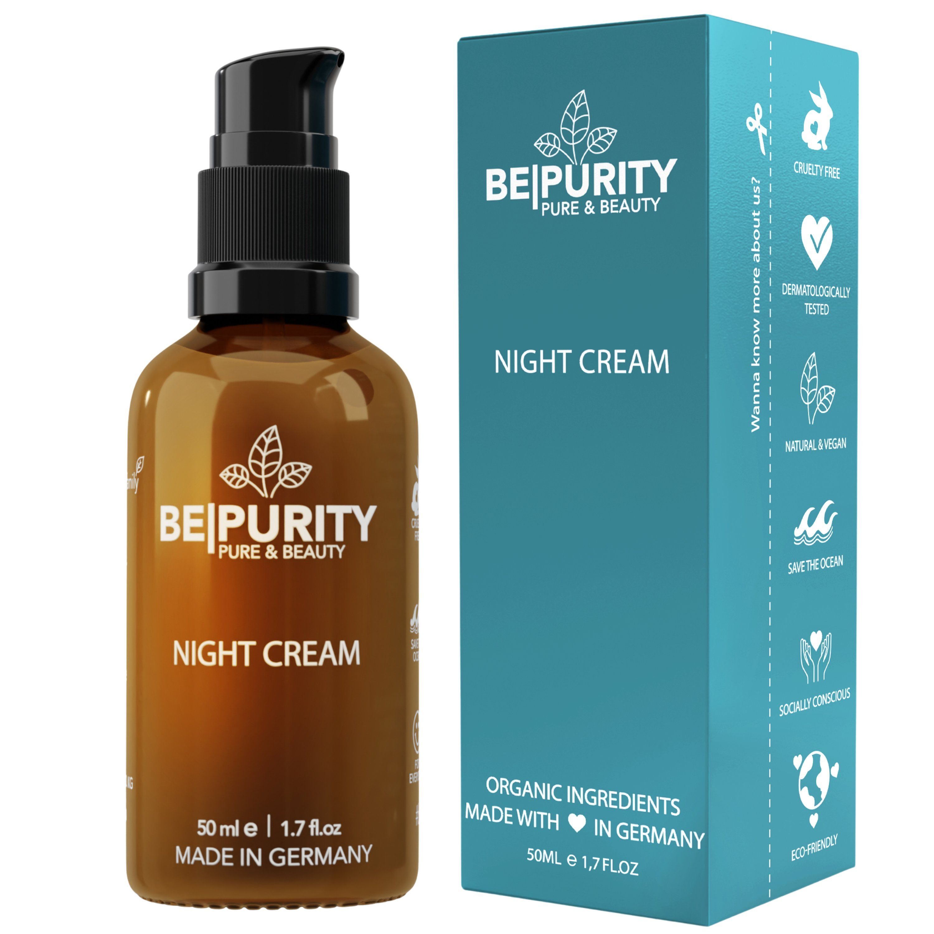 Bepurity Nachtcreme mit Hyaluron, Bio Aloe Vera Saft und Bio Rizinusöl fürs  Gesicht, Unisex Gesichtscreme Zertifizierte Naturkosmetik - Made in Germany