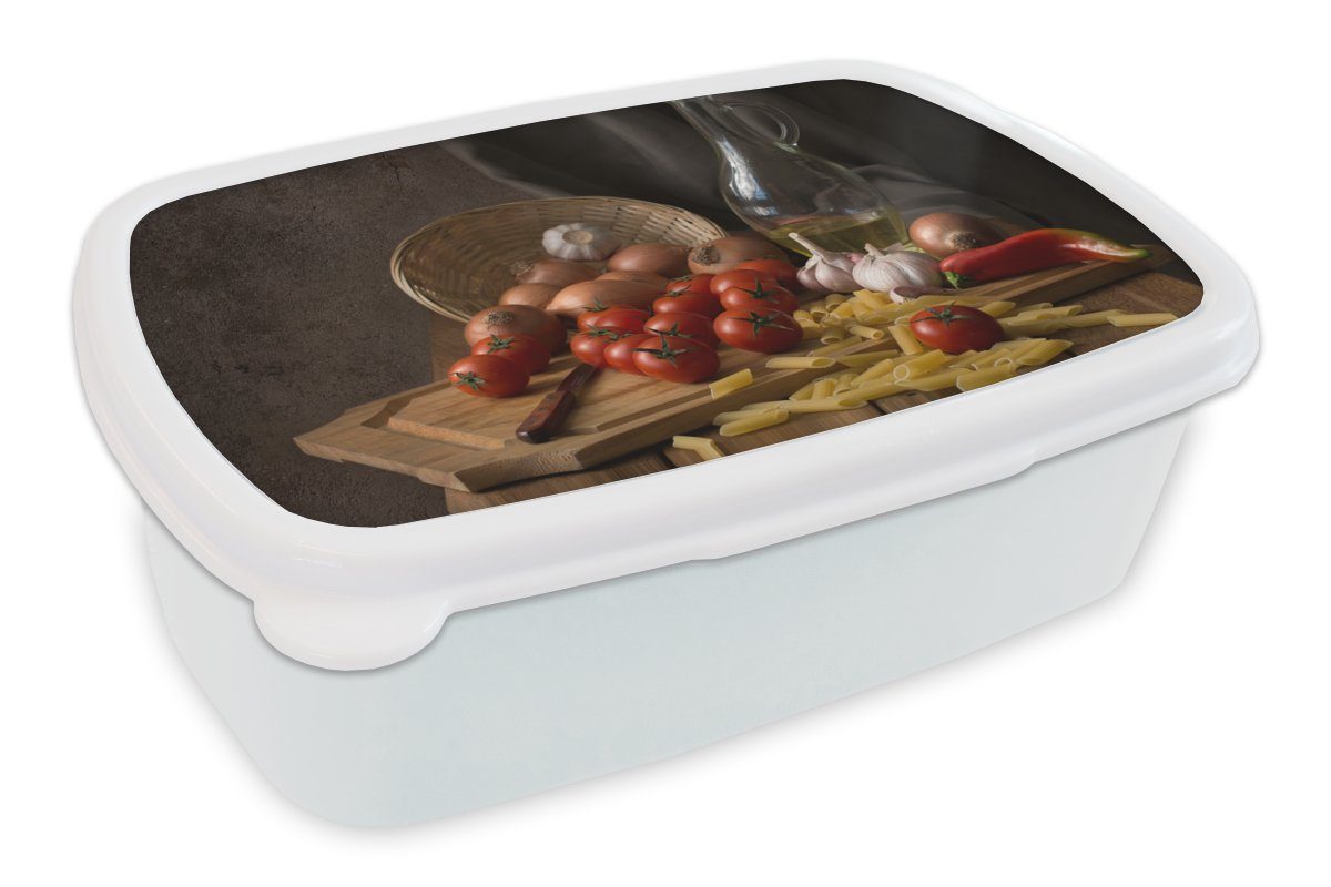 MuchoWow Lunchbox Schneidebrett - Gemüse - Stillleben - Pasta - Aus - Tomate -, Kunststoff, (2-tlg), Brotbox für Kinder und Erwachsene, Brotdose, für Jungs und Mädchen weiß