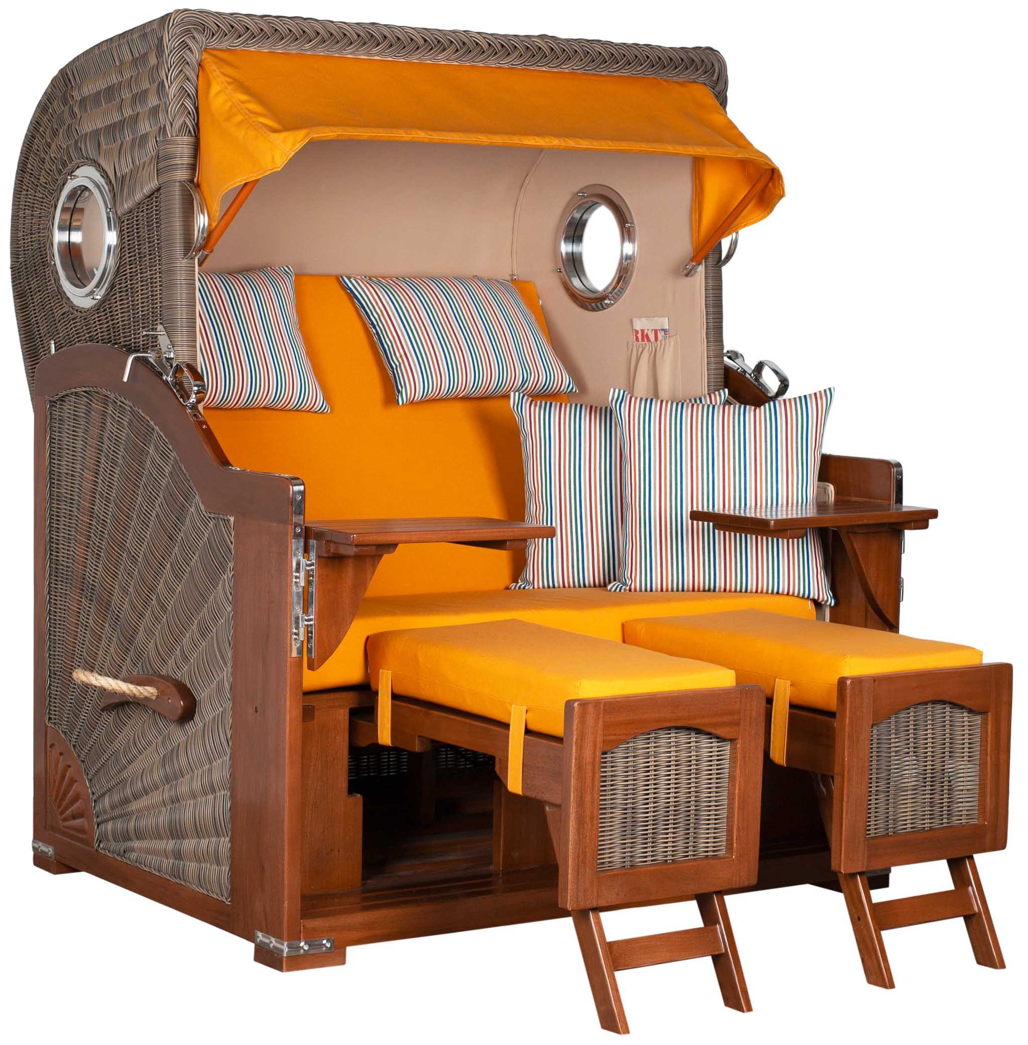 MR.DEKO Strandkorb Düne Grande 2,5-Sitzer Bullauge Vollholz PE Grey 135x170x90 XL, BxTxH: 142x95x170 cm, Volllieger, Düne, (Fertig montierter Strandkorb für Garten, Terrasse & Balkon), Wetterfester Volllieger mit Edelstahlbeschlägen & waschbaren Polstern