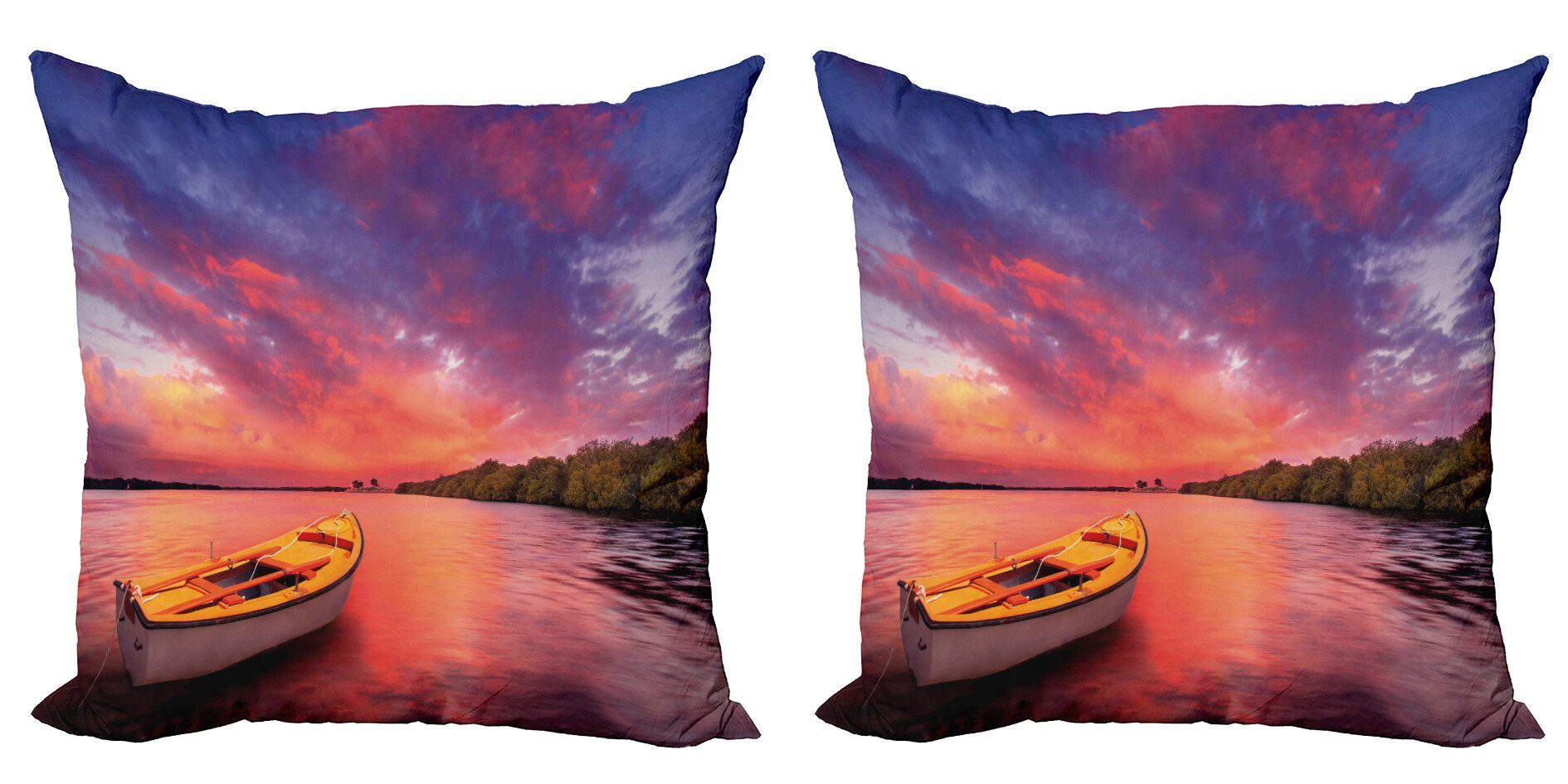 Doppelseitiger Meerküste Stück), Sonnenuntergang Accent Digitaldruck, mit Ruderboot (2 Abakuhaus Modern Kissenbezüge einem