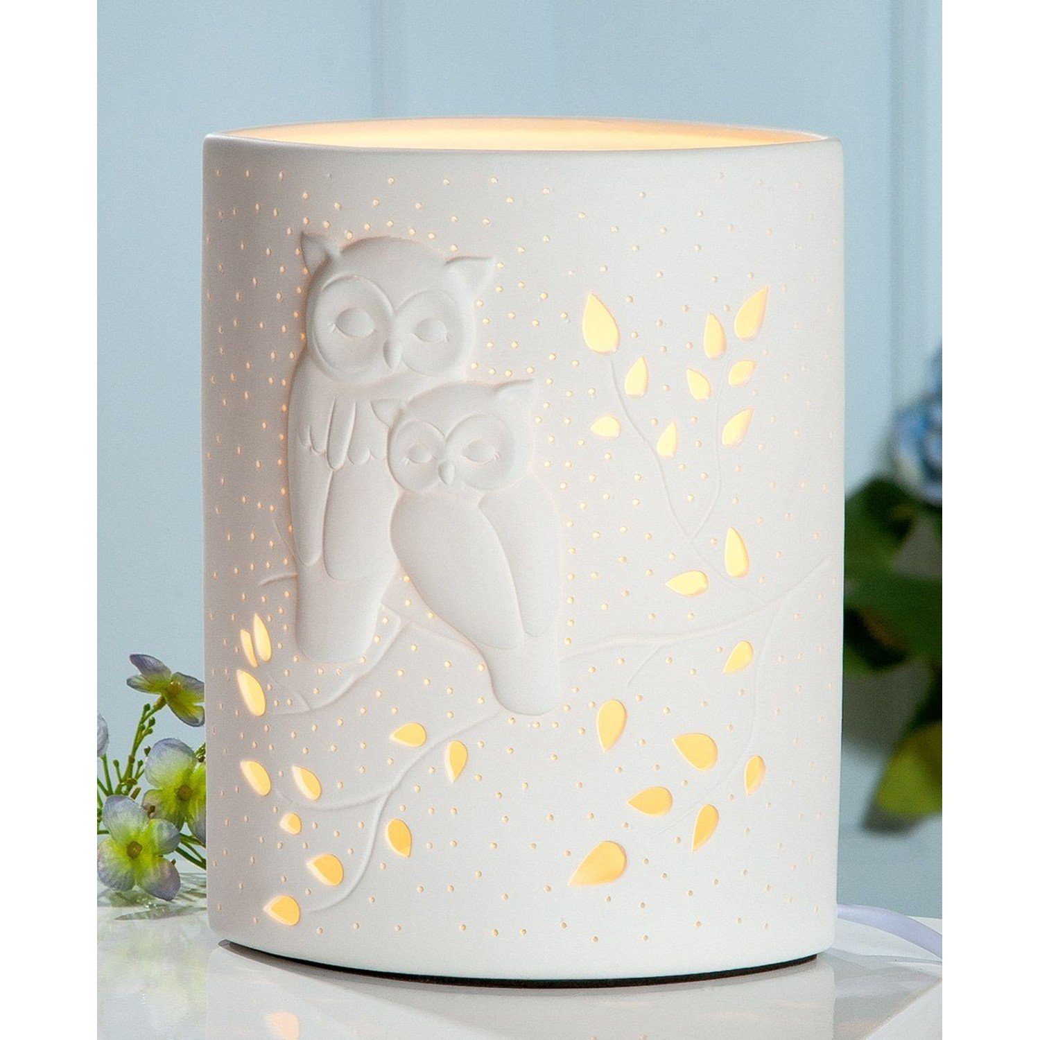 GILDE Tischleuchte Porzellan Lampe Ellipse Eulenpaar weiß 28cm, ohne Leucht günstig online kaufen