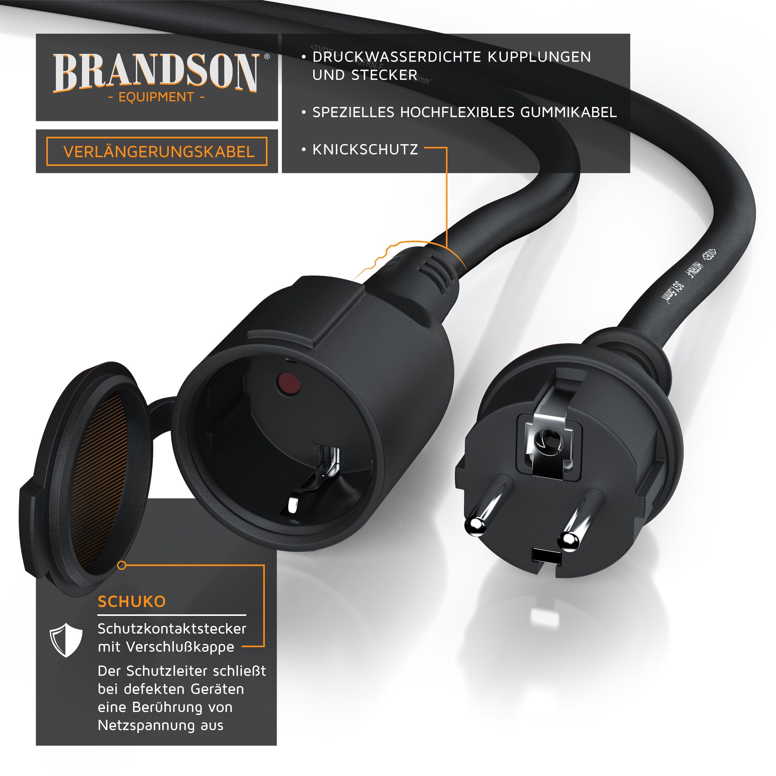 Brandson Stromkabel Verlängerung für den Außenbereich 3500W, Outdoor, IP44, 30m Verlängerungskabel, Typ F (Schuko), Schutzkontakt-Kupplung (3000 cm), Verlängerungskabel mit Schuko Stecker & Schutzkappe, Elektrokabel 230V