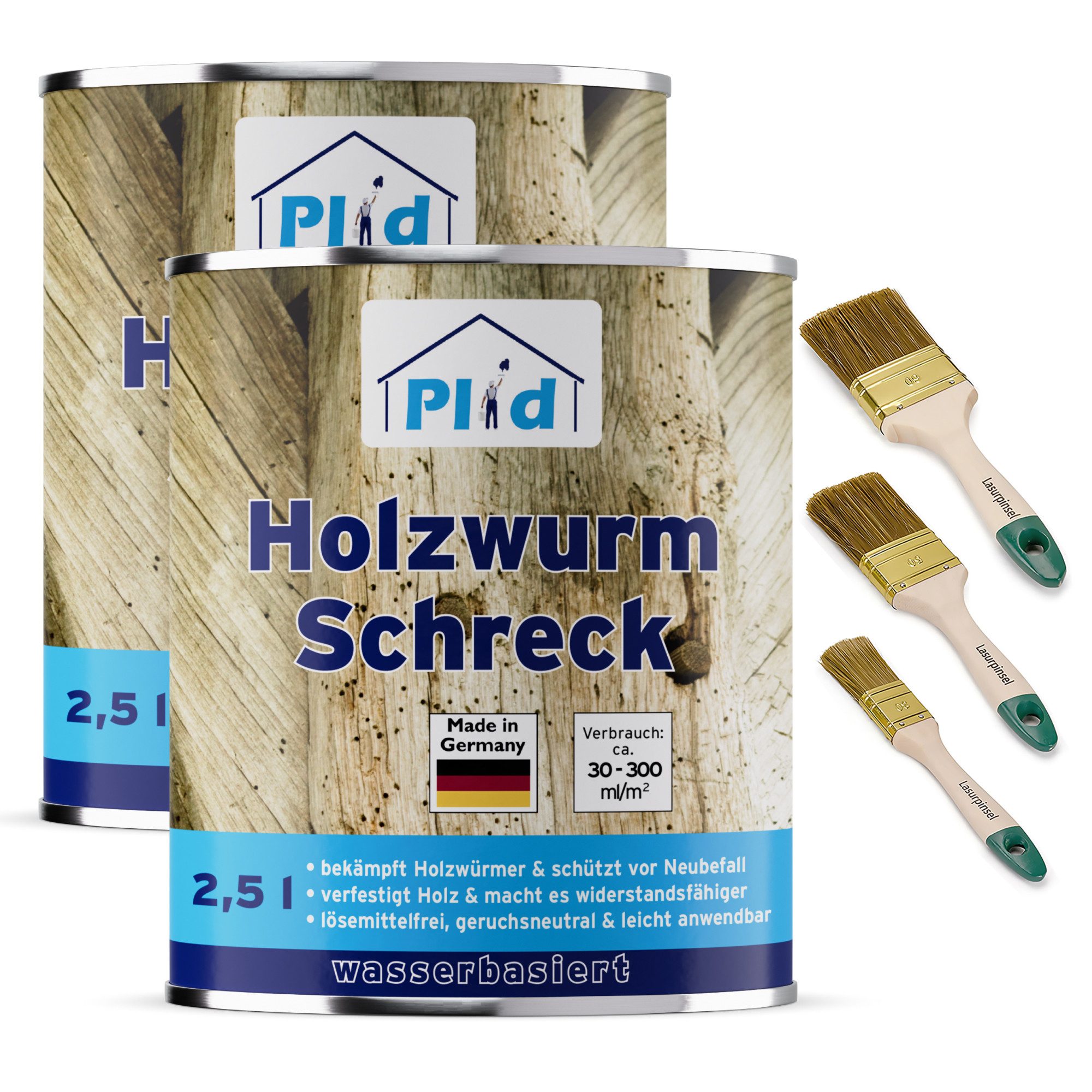 plid Holzwurm-Ex Holzwurm-Schreck & Pinselset 3-tlg Holzschutz Holzwürmer Holzbohrkäfer, Schnelltrocknend