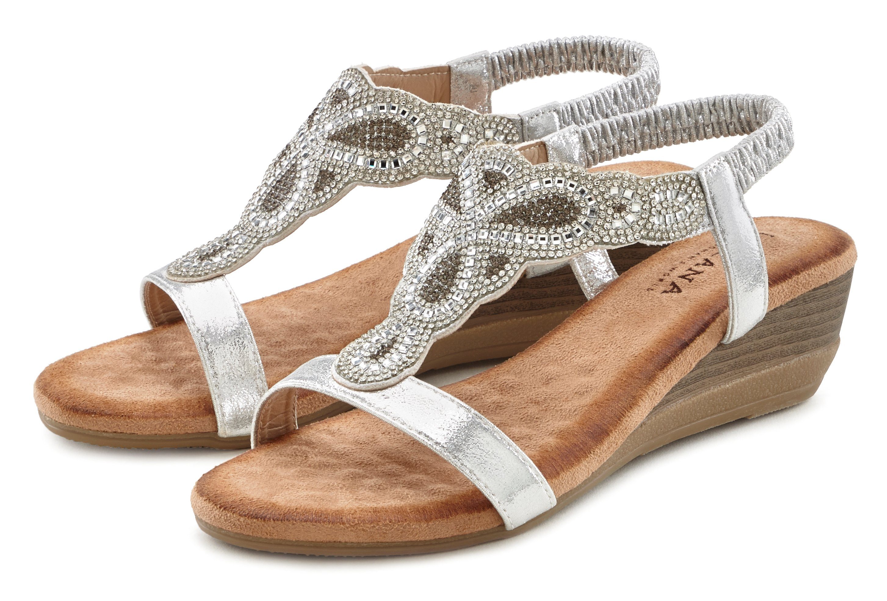 mit Glitzer-Steinchen Keilabsatz Sommerschuh Sandalette, und leichtem Sandale LASCANA