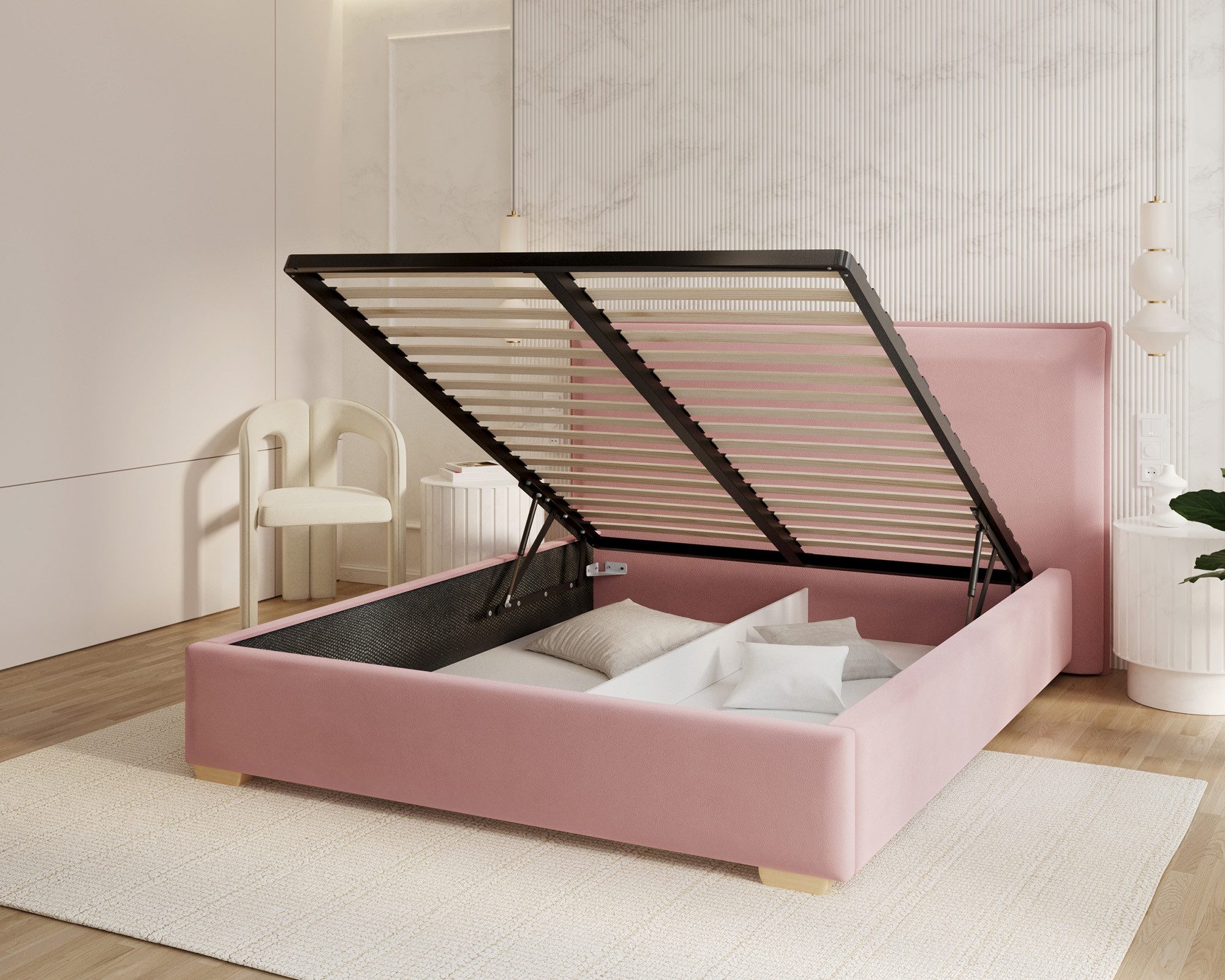 thematys Polsterbett Bett Stauraumbett Bezug Paris / 140x200, 160x200, 180x200cm (MADE IN EU - mit hochwertigem Velours Bezug, Bettrahmen, Bett, Optional mit Matratze bestellbar, mit großen gepolsterten Kopfteil), Metallrahmen mit Lattenrost, hydraulische Klappfunktion für Stauraum, mit großen gepolsterten Kopfteil, mit Bettkasten zum aufklappen), Metallrahmen mit Lattenrost, hydraulische Klappfunktion für Stauraum, mit großen gepolsterten Kopfteil, mit Bettkasten zum aufklappen), Metallrahmen mit Lattenrost, hydraulische Klappfunktion für Stauraum