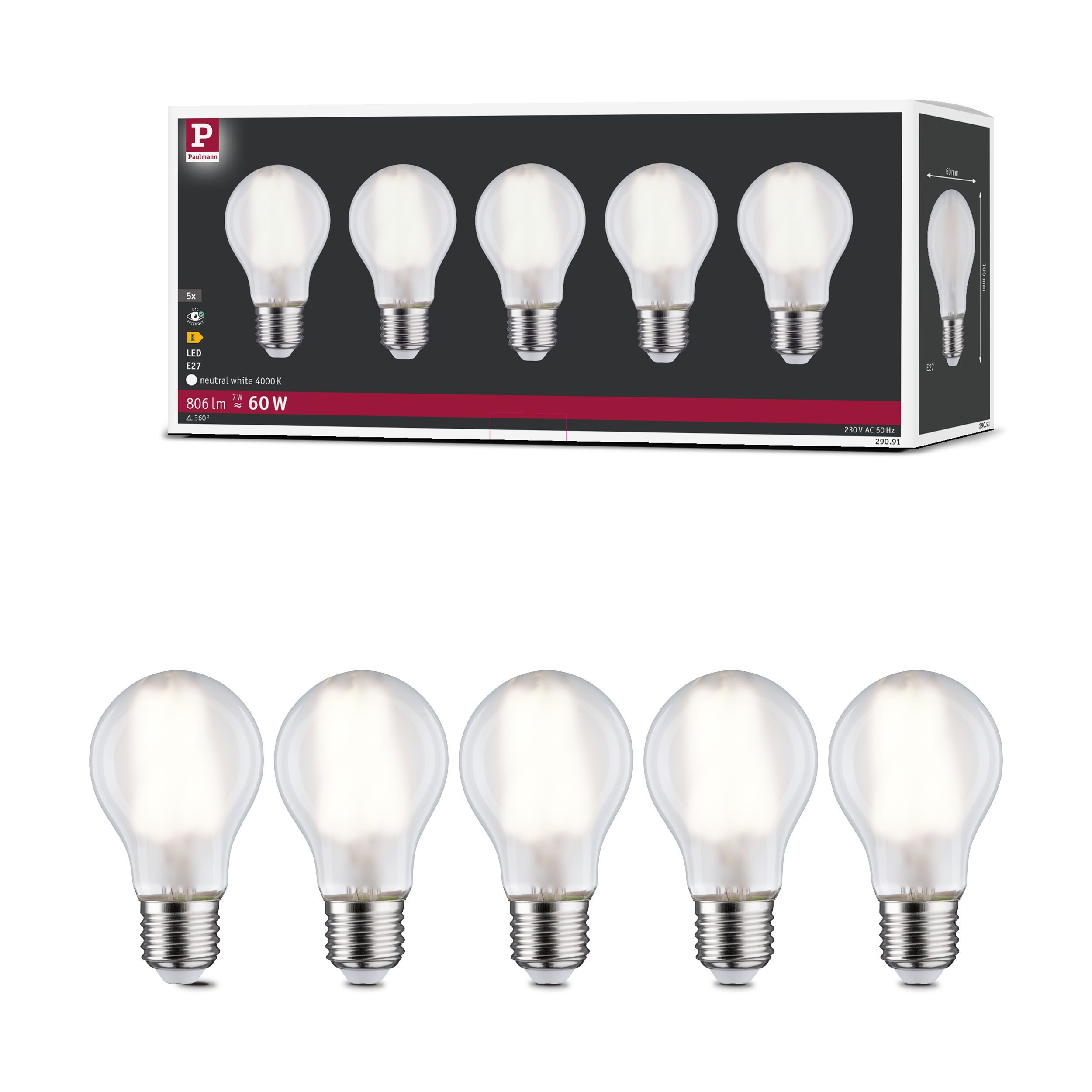 Paulmann LED-Leuchtmittel 5er Pack AGL 806lm 4000K matt 230V, E27, 5 St., Neutralweiß