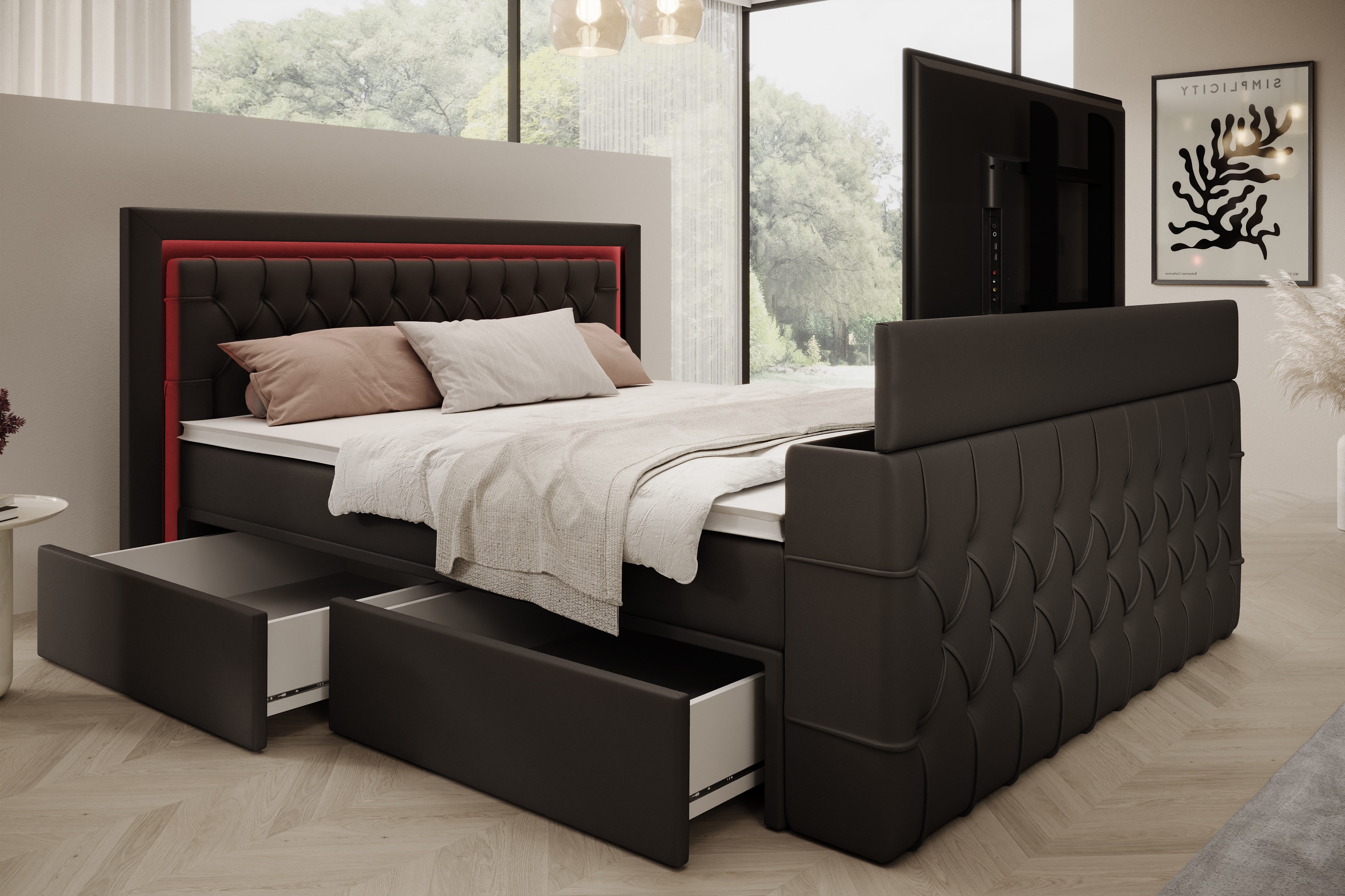 PROMETO Möbel Boxspringbett Doppelbett 180x200 mit Matratze, Schubladen TV-Lift LED Beleuchtung, inkl. 7-Zonen-Taschenfederkernmatratze, TV-Lift im Fußteil, Topper