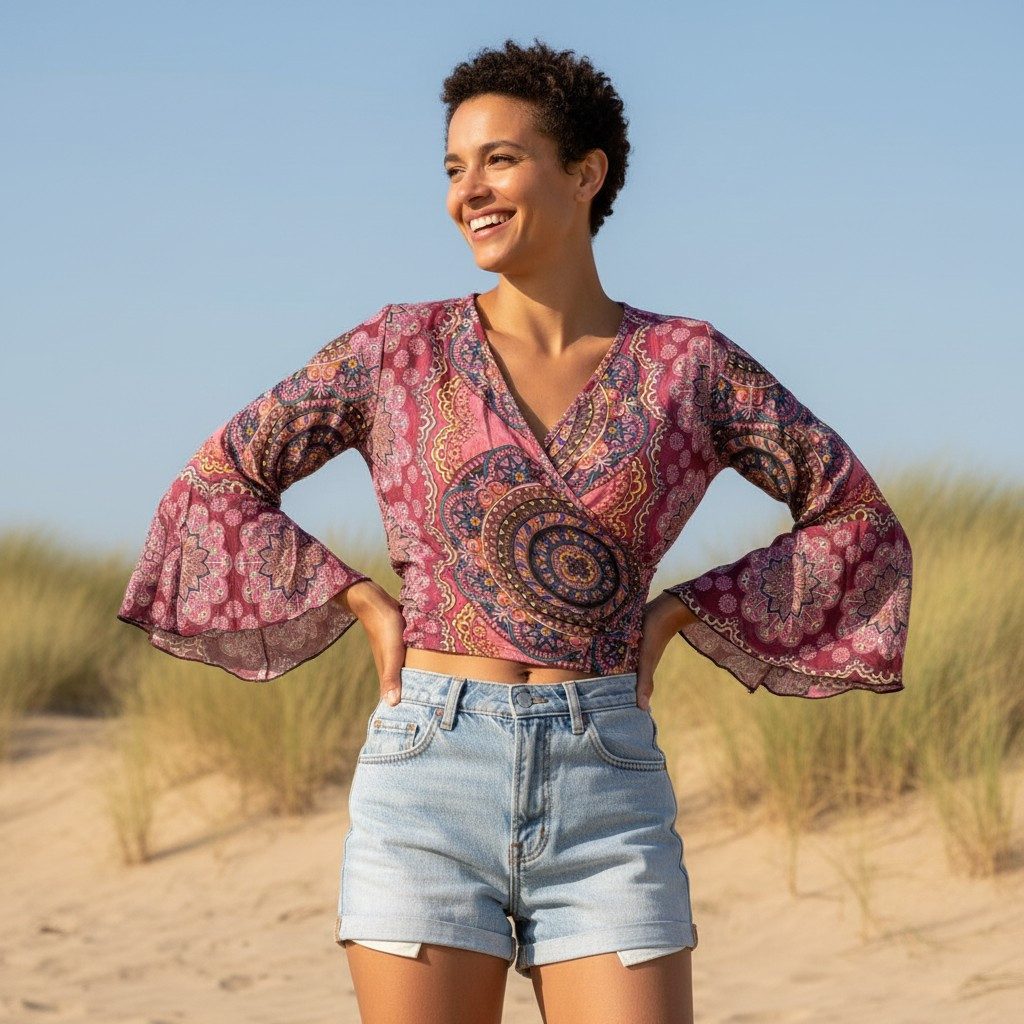 Guru-Shop Longbluse Kurztop, Boho Blusentop, Wickeltop, Wickelbluse.. alter günstig online kaufen