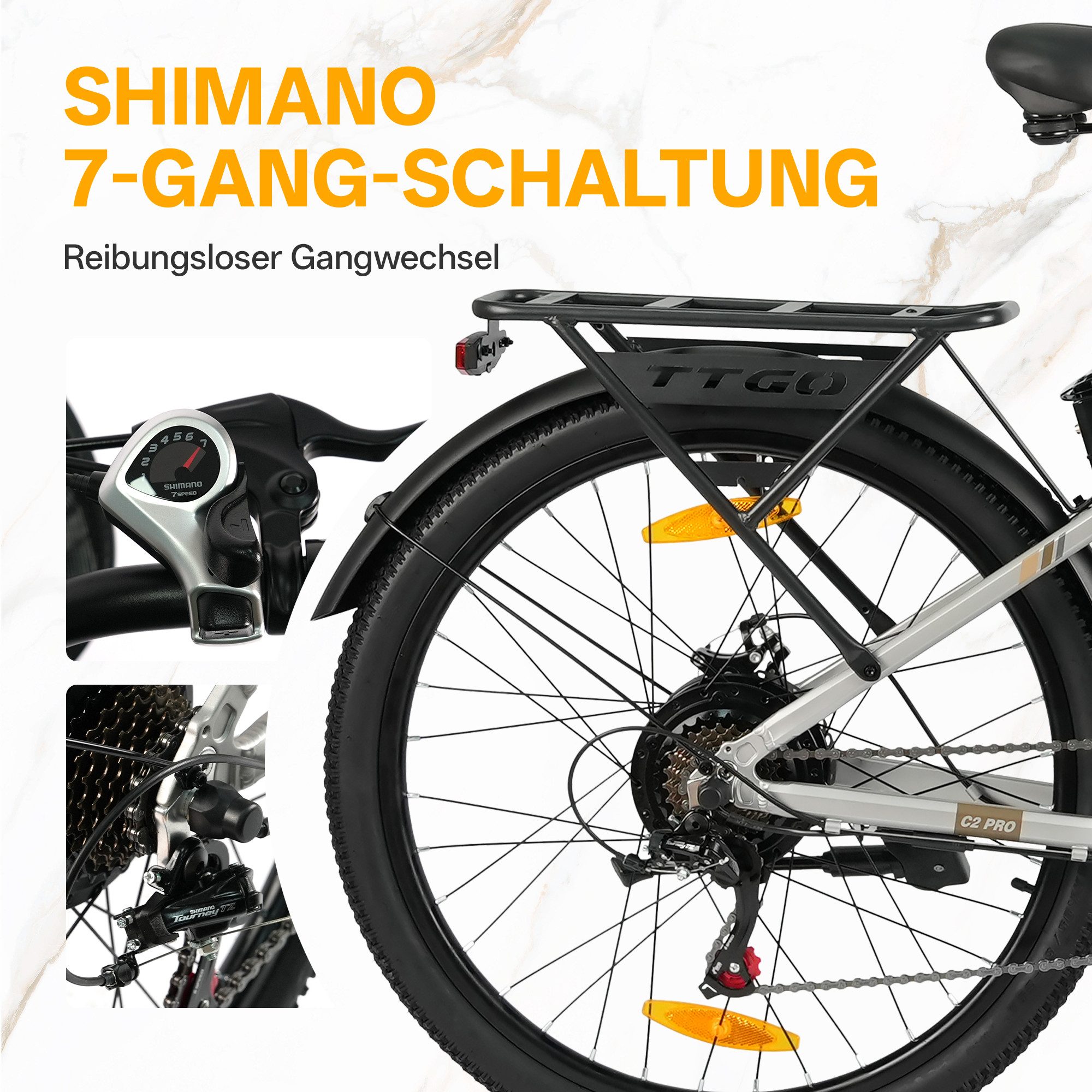 TTGO E-Bike Cityrad 26/28 Zoll, 80-120km, C2/C3, Elektrofahrrad für Damen und Herren, 7 Gang SHIMANO, Kettenschaltung, Heckmotor, 648 Wh, (5 Stufen, Pedelec, bi – Bild 5 von 5