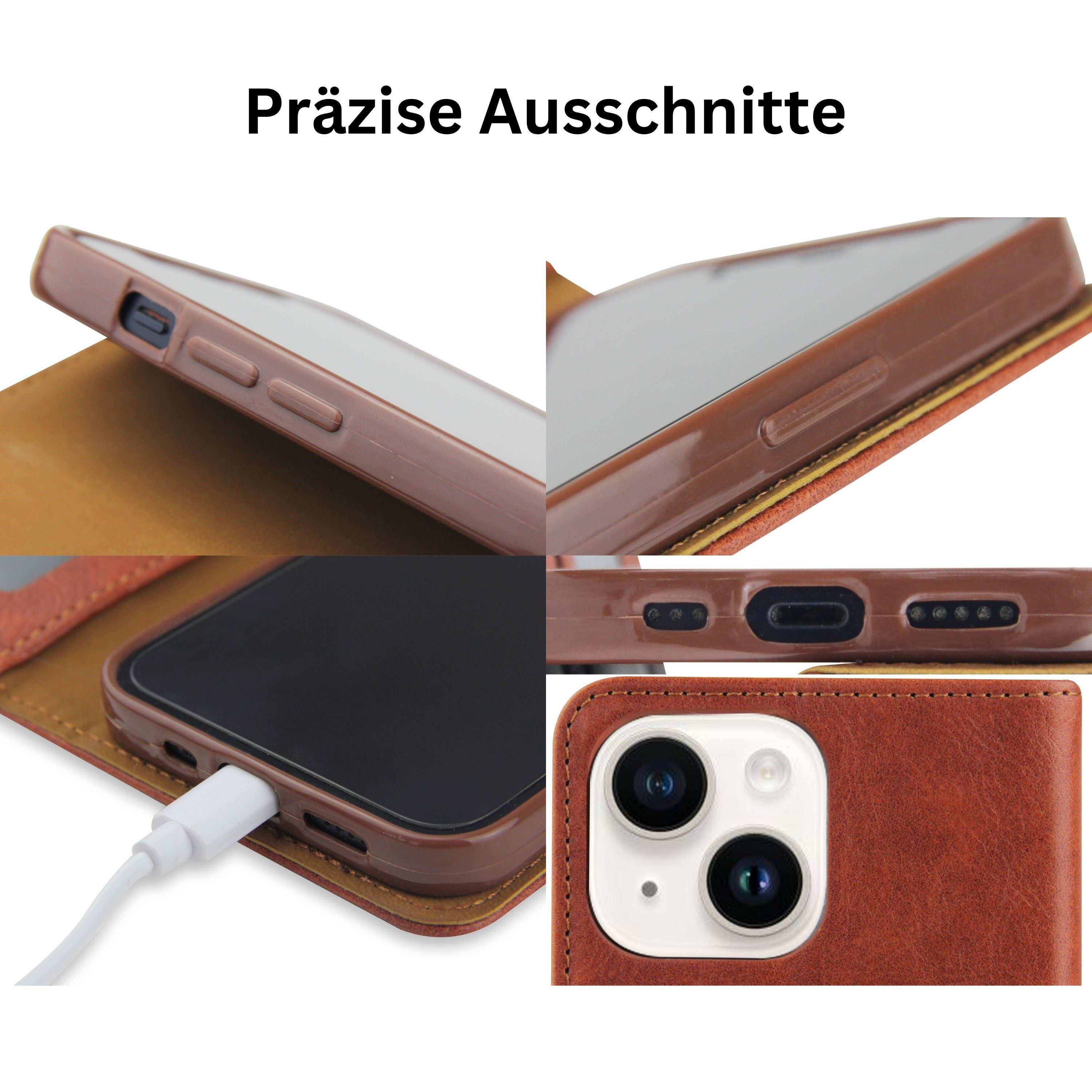 Frentree Handyhülle aus echtem Leder für iPhone 12, 13, 14, Magnetverschluss mit 4 Kartenfächern & 2 Sichtfenstern, Handy-Ständer