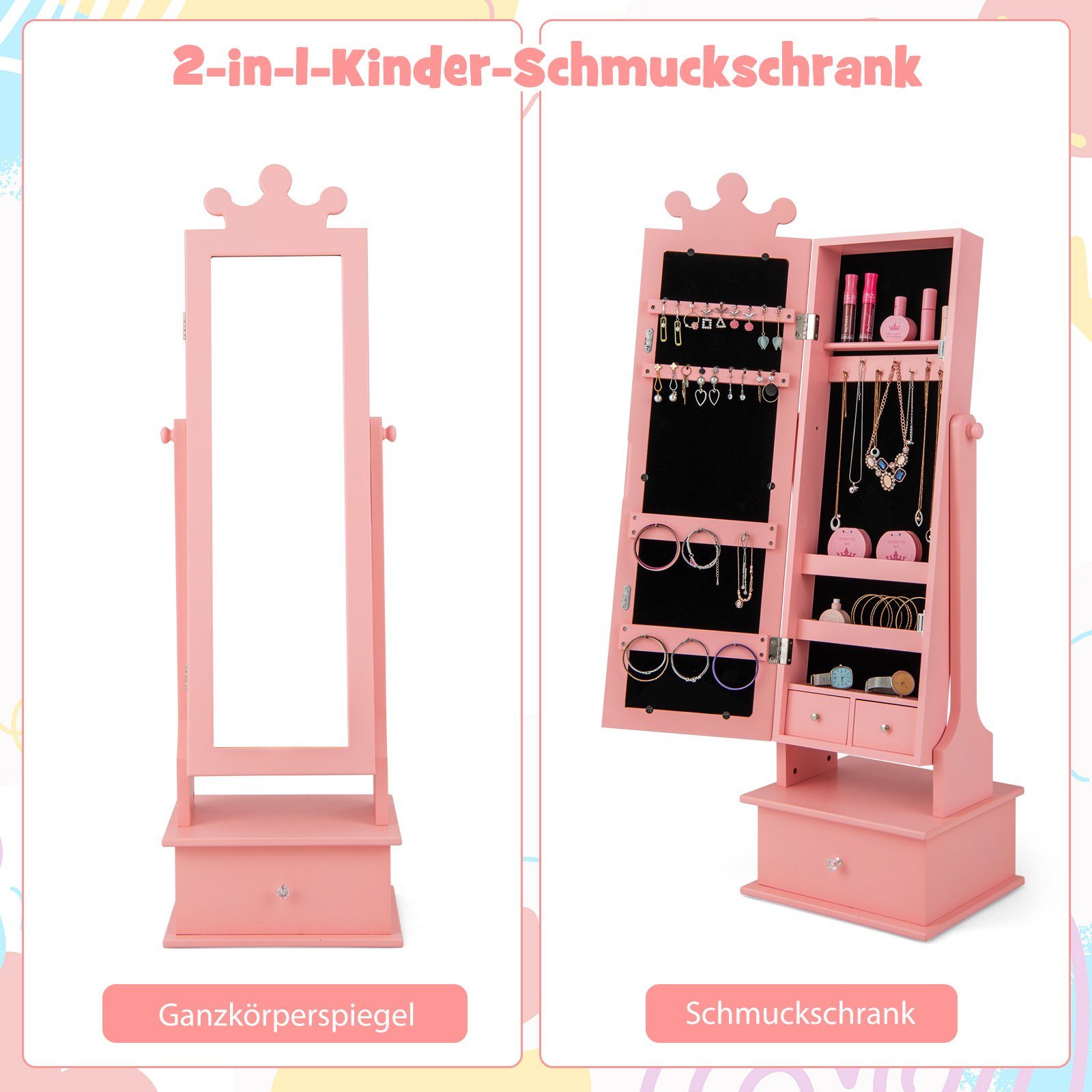 COSTWAY Schmuckschrank Kinder Spiegelschrank mit 3 Schubladen