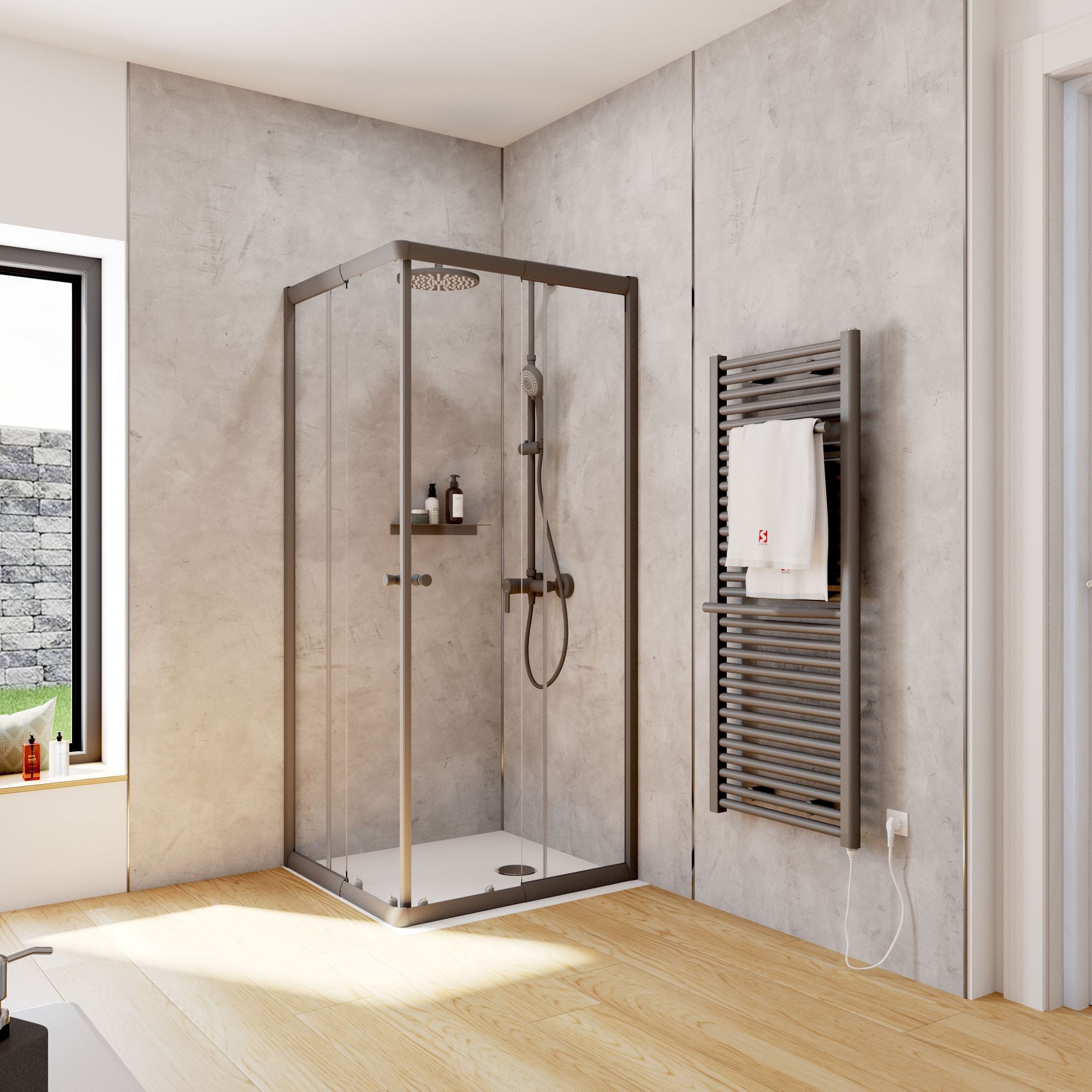 Schulte Eckdusche Corner, BxT: 75x80 cm, Sicherheitsglas, Eckeinstieg mit Schiebetüren, 180 cm hoch Klar Hell Profil Schwarz