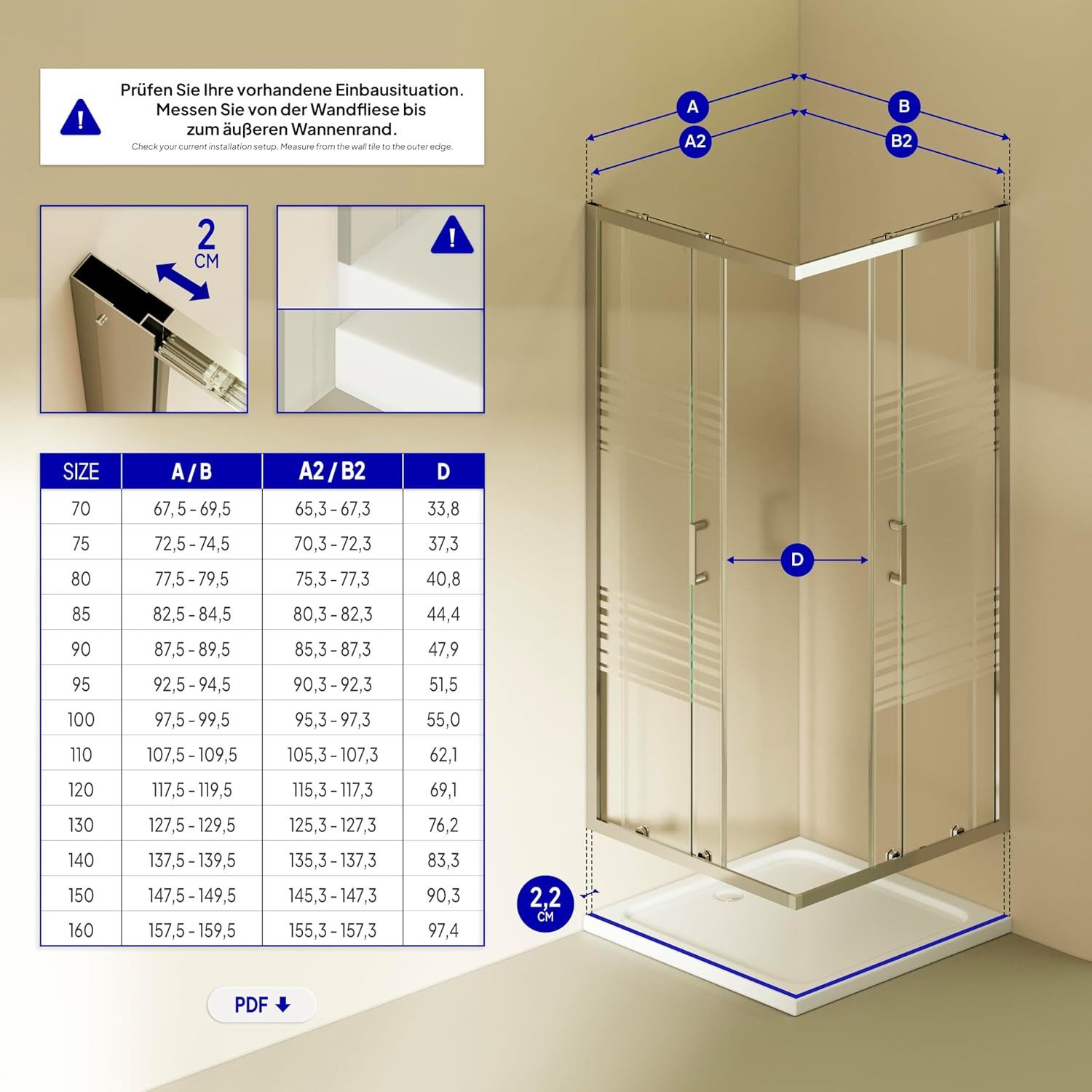 i-flair Eckdusche Schiebetür Duschkabine DIANA aus teilsatiniertem 6 mm ESG, BxT: 70x70 cm, Einscheibensicherheitsglas, ohne Duschtasse, mit hochwertigen Aluminiumprofilen in silber, ebenerdiger Einbau möglich, mit Schiebetüren