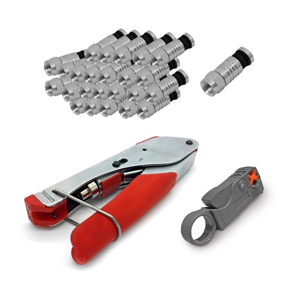ARLI Crimpzange ARLI Kompressionszange + Abisoliermesser + Stecker 7 - 7,5 mm, 100-tlg., TV Sat Antennen Kabel Koaxialkabel Stecker
