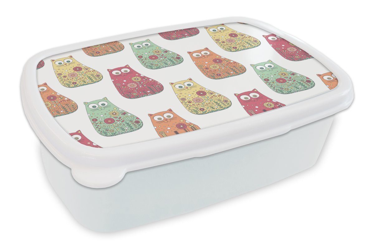 MuchoWow Lunchbox Mädchen - Katze - Blumen - Muster - Mädchen - Kinder - Kinder, Kunststoff, (2-tlg), Brotbox für Kinder und Erwachsene, Brotdose, für Jungs und Mädchen weiß