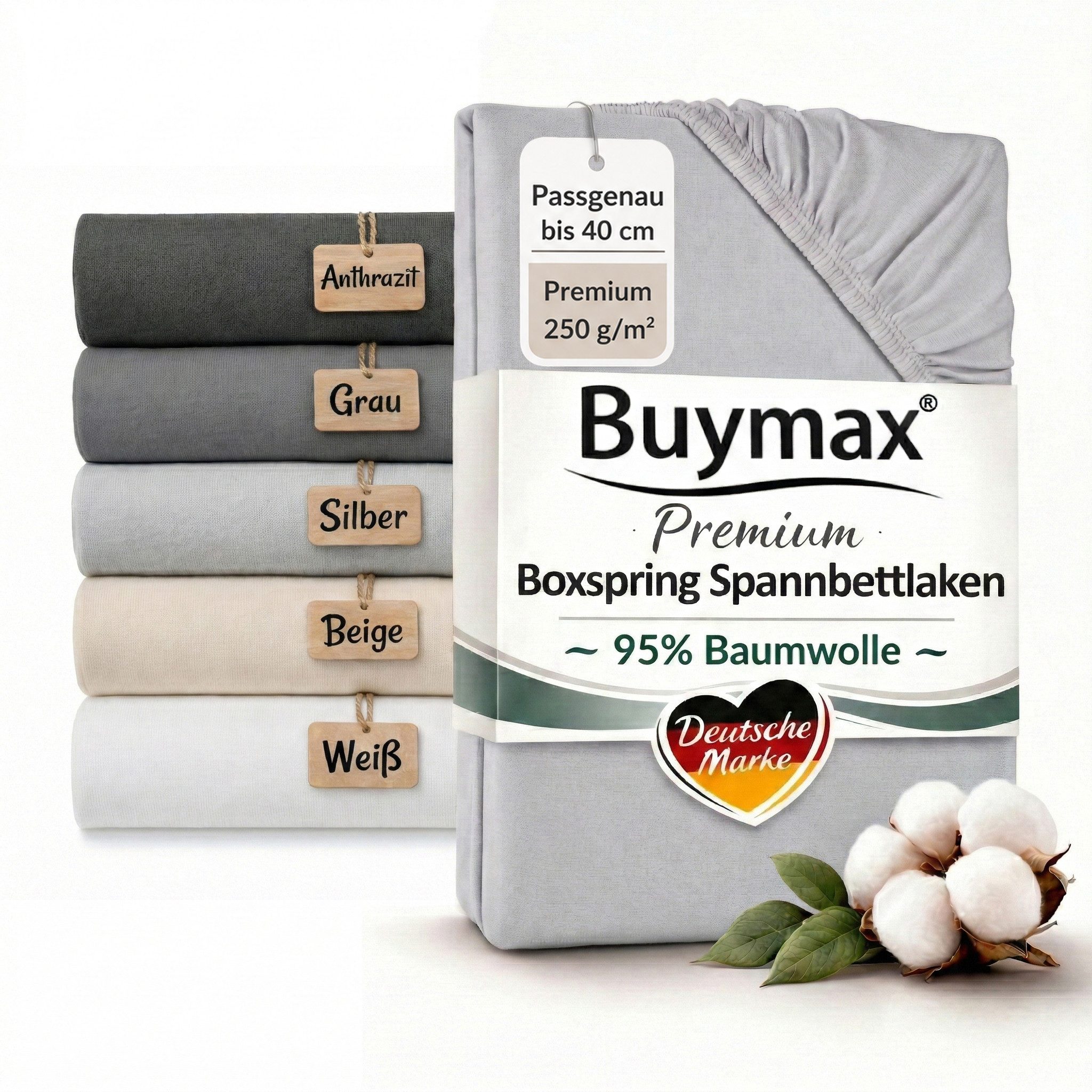 Buymax Spannbettlaken Premium Jersey für Boxspringbett, 95% Baumwolle, bis 35 cm, Jersey, Gummizug: Rundumgummi, (1 Stück), Premium Baumwolle Jersey 250g/m², weich & elastisch, bis 35cm Steghöhe