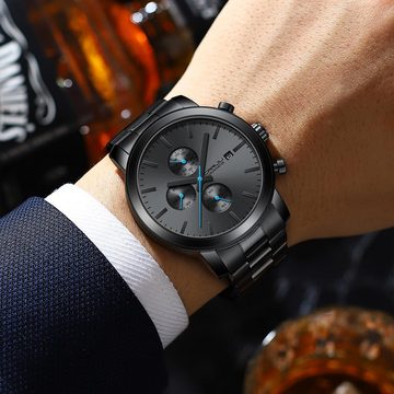 CRRJU Fur Herren mit Schwarz Stoppuhr Chronographen EdelstahlBand Watch, mit Datum Analog Quarzuhren Wasserdicht Armbanduhr Business