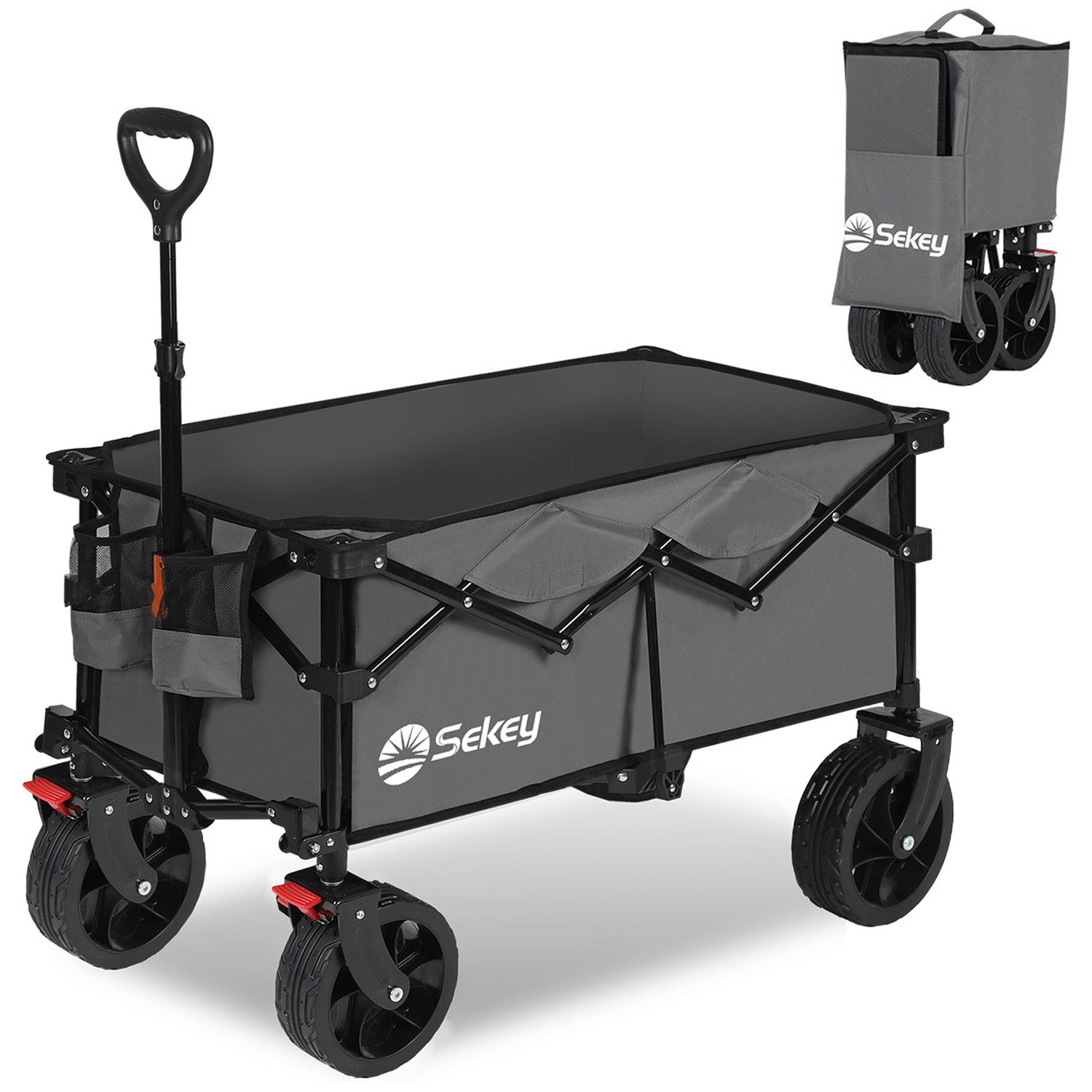 Sekey Bollerwagen 150 KG Bollerwagen Faltbar Handwagen mit Bremsen und breiten Reifen, Patentiertes, 4-fach zusammenklappbares Design, Kein Zusammenbau nötig