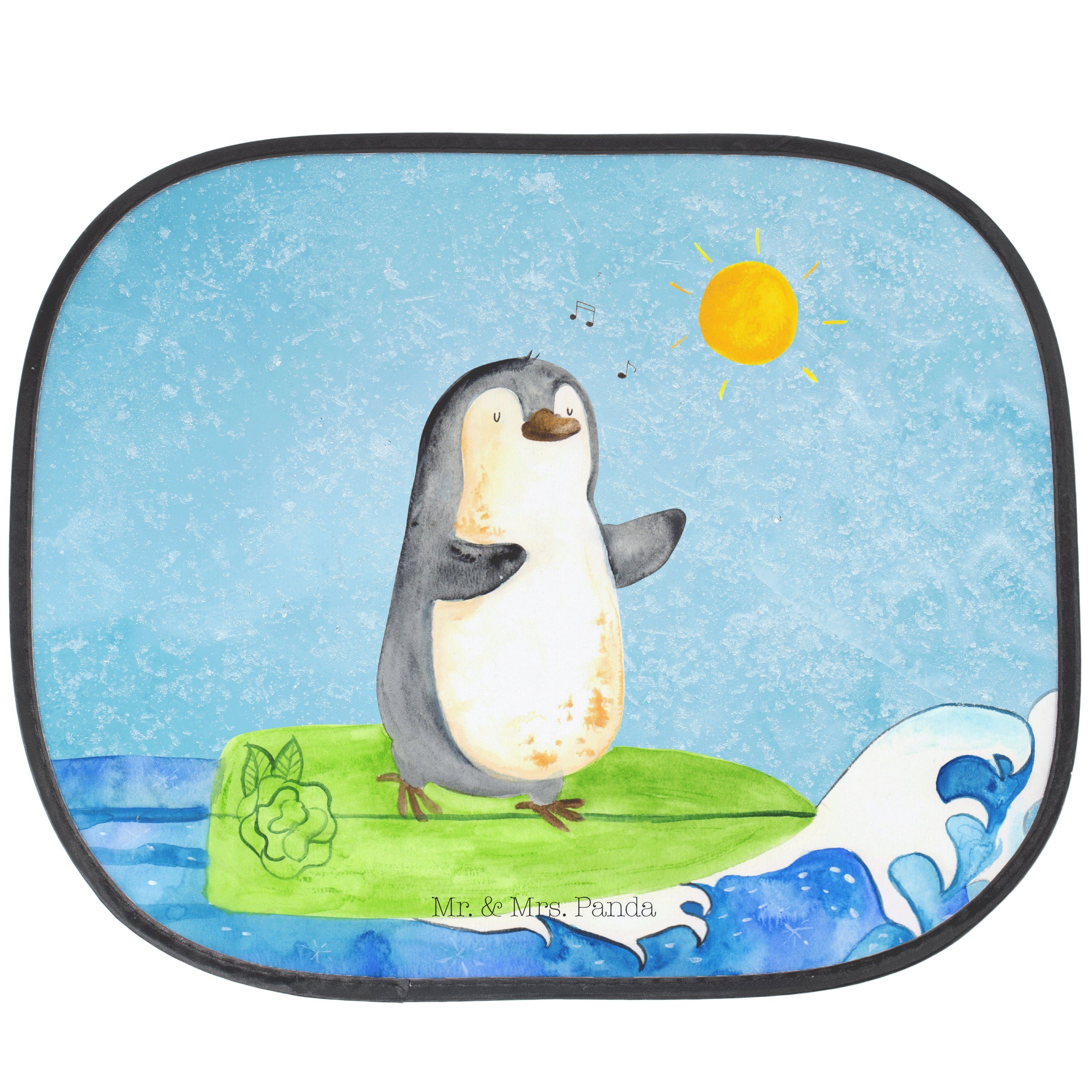Sonnenschutz Pinguin Surfer - Eisblau Mrs. Auto Mr. Panda, reiten, Seidenmatt & Wellen Sonnenschutz, - Geschenk