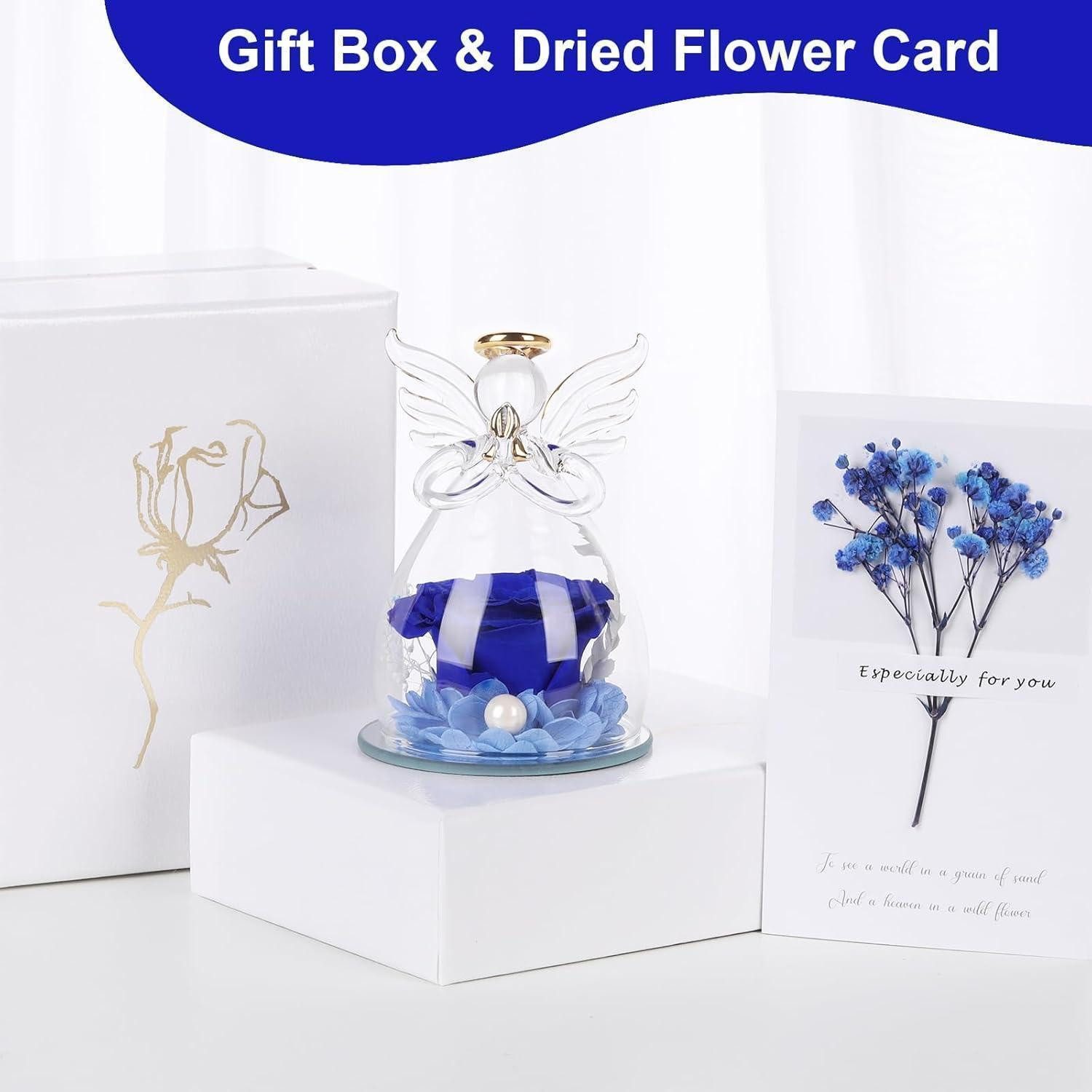 Trockenblume Ewige Rose Glaskuppel Engelsfigur Rosen Geschenk Mutter Oma Engel-blau, LuxusKollektion