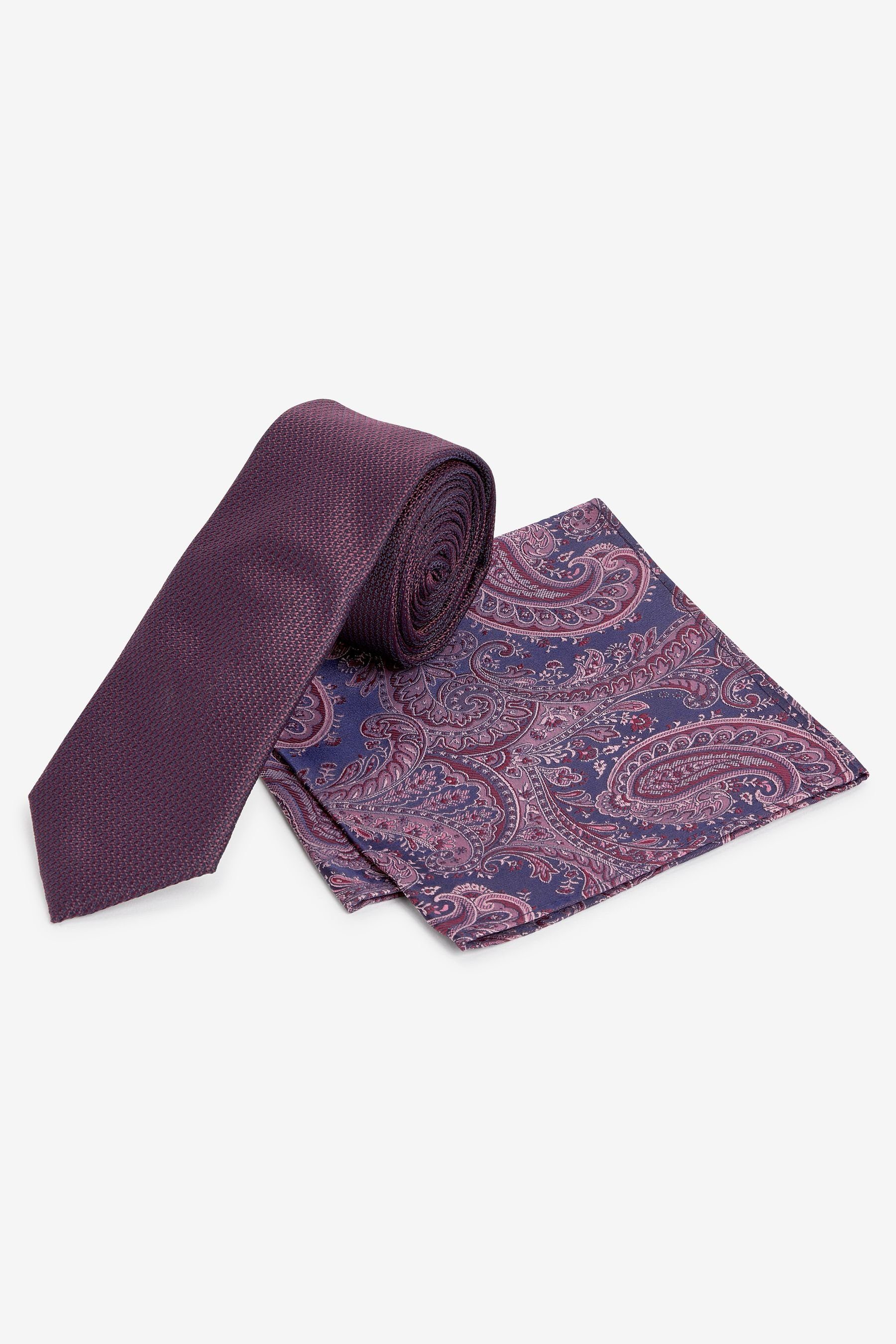 Slim Krawatte Next Red - Paisley Set im (2-St) Krawatte und Burgundy Einstecktuch