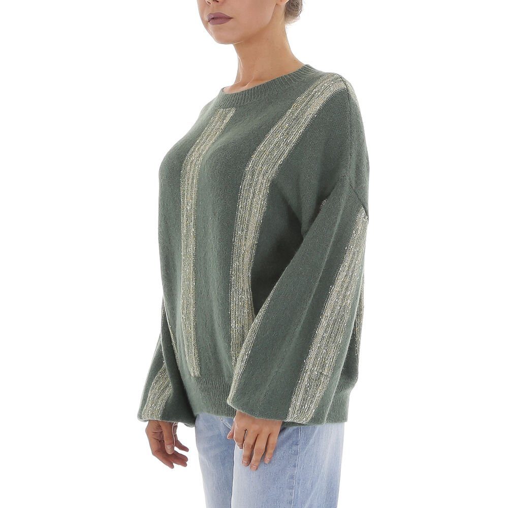 Ital-Design Strickpullover Damen Freizeit (81561302) Glitzer Gestreift Stretch Strickpullover in Grün
