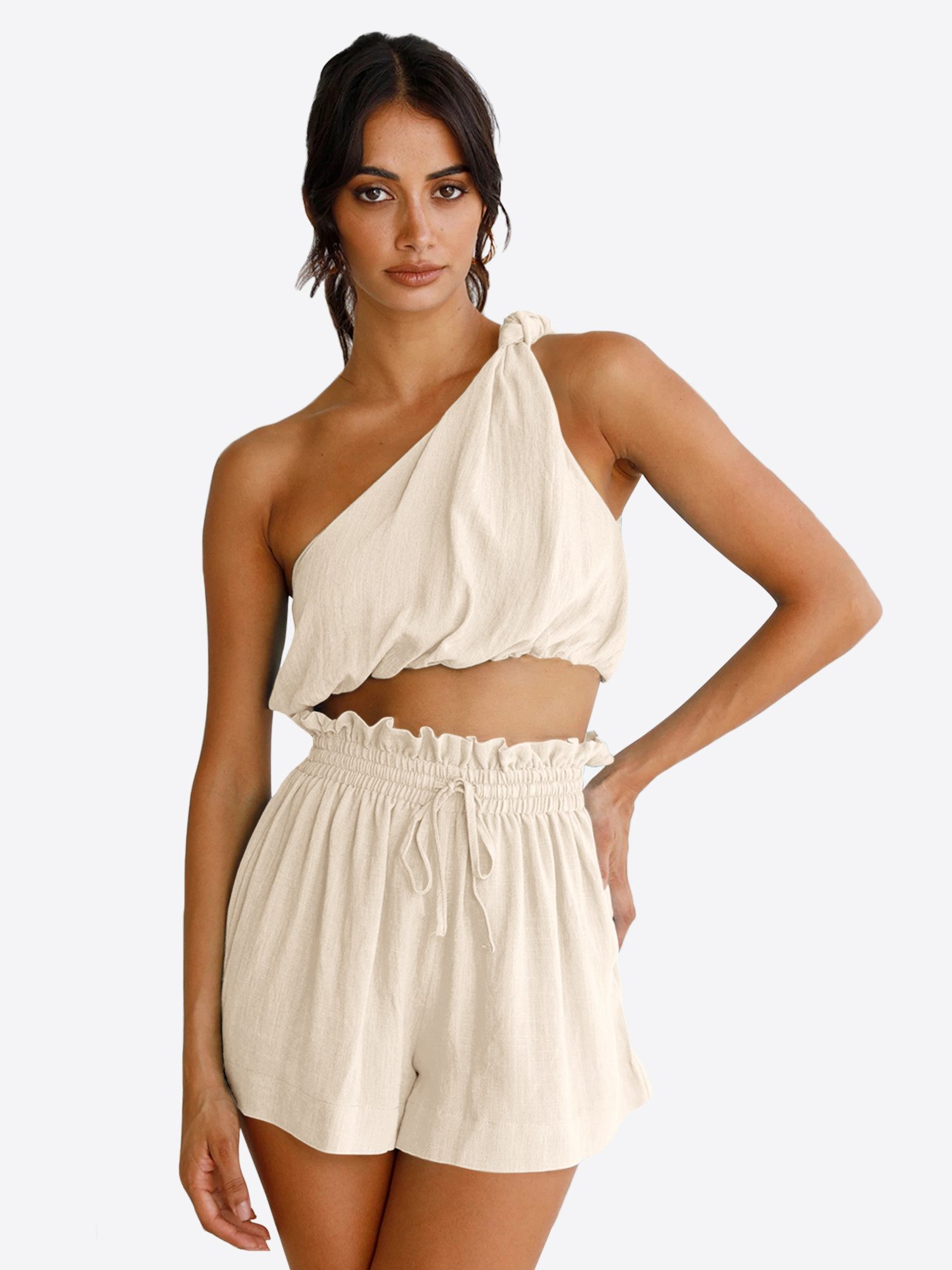 Imily Bela Hausanzug Damen 2-teiliges Sommer Set (Set, 2 tlg., One-Shoulder Crop Top + Shorts) One-Shoulder