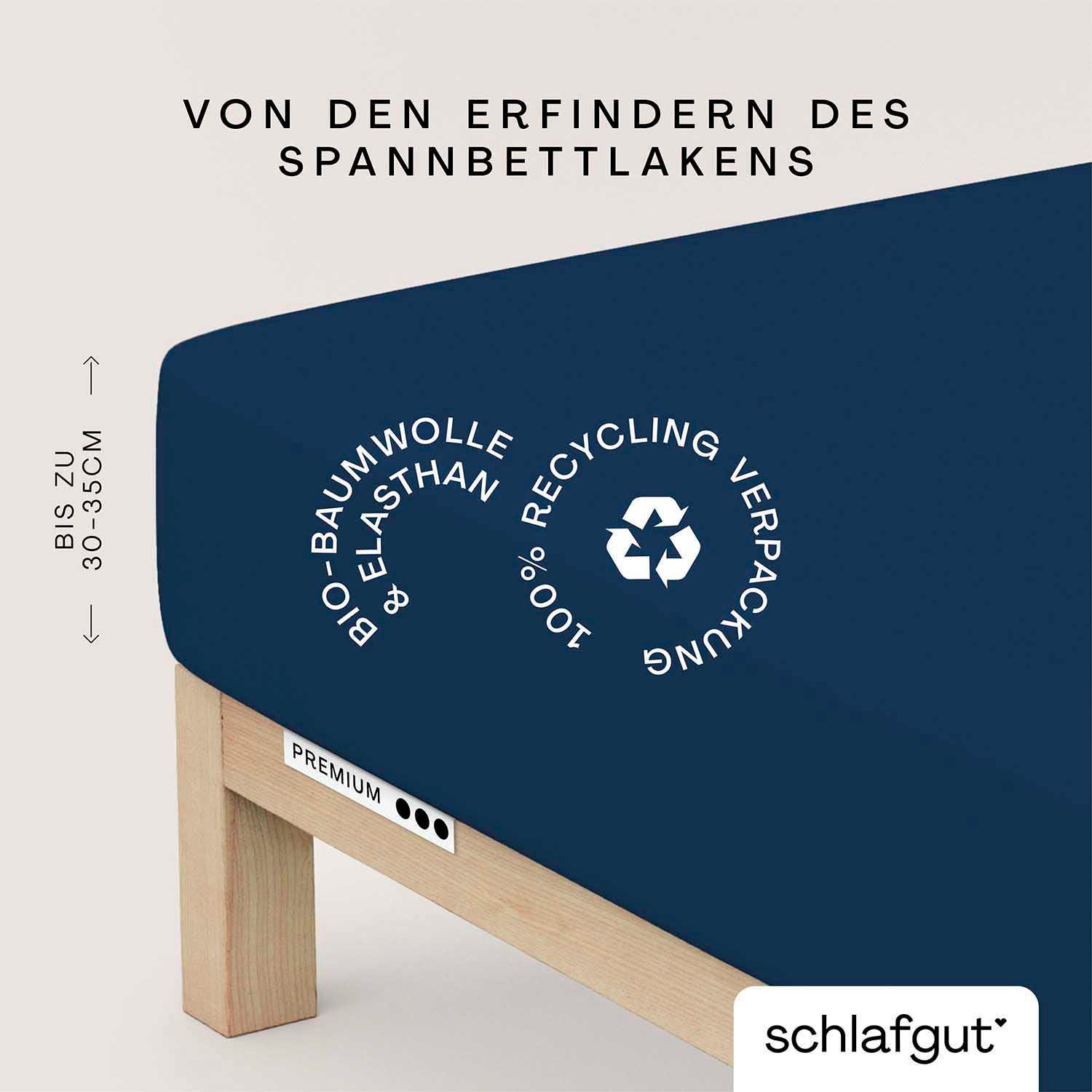 Schlafgut Spannbettlaken PREMIUM Mako-Zwirn-Jersey, 220 g/m², 95% Bio-Baumwolle, 5% Elasthan, Mako-Zwirn-Jersey, Gummizug: rundum, (1 Stück), Bettlaken bis 30 cm Höhe, PREMIUM-Qualität langlebig, perfekter Sitz