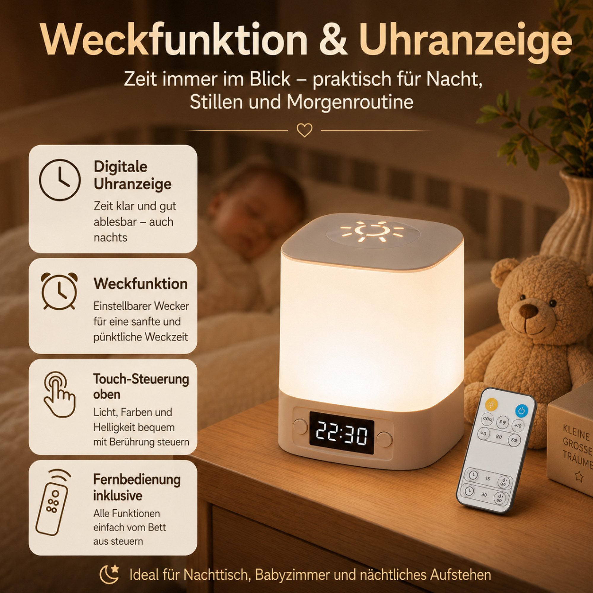 Luckice LED Nachttischlampe LED Nachtlicht,Touch-Lampe,Tisch-Nachttischlampen,Schlafzimmer Lampe, Soft Light Touch Tischlampe für Augenschutz, Die LED kann nicht ausgetauscht werden., Stufenloses Dimmen,Dreifarbig einstellbar, mit Touch-Sensor, Mit Fernbedienung, Mit Uhranzeige