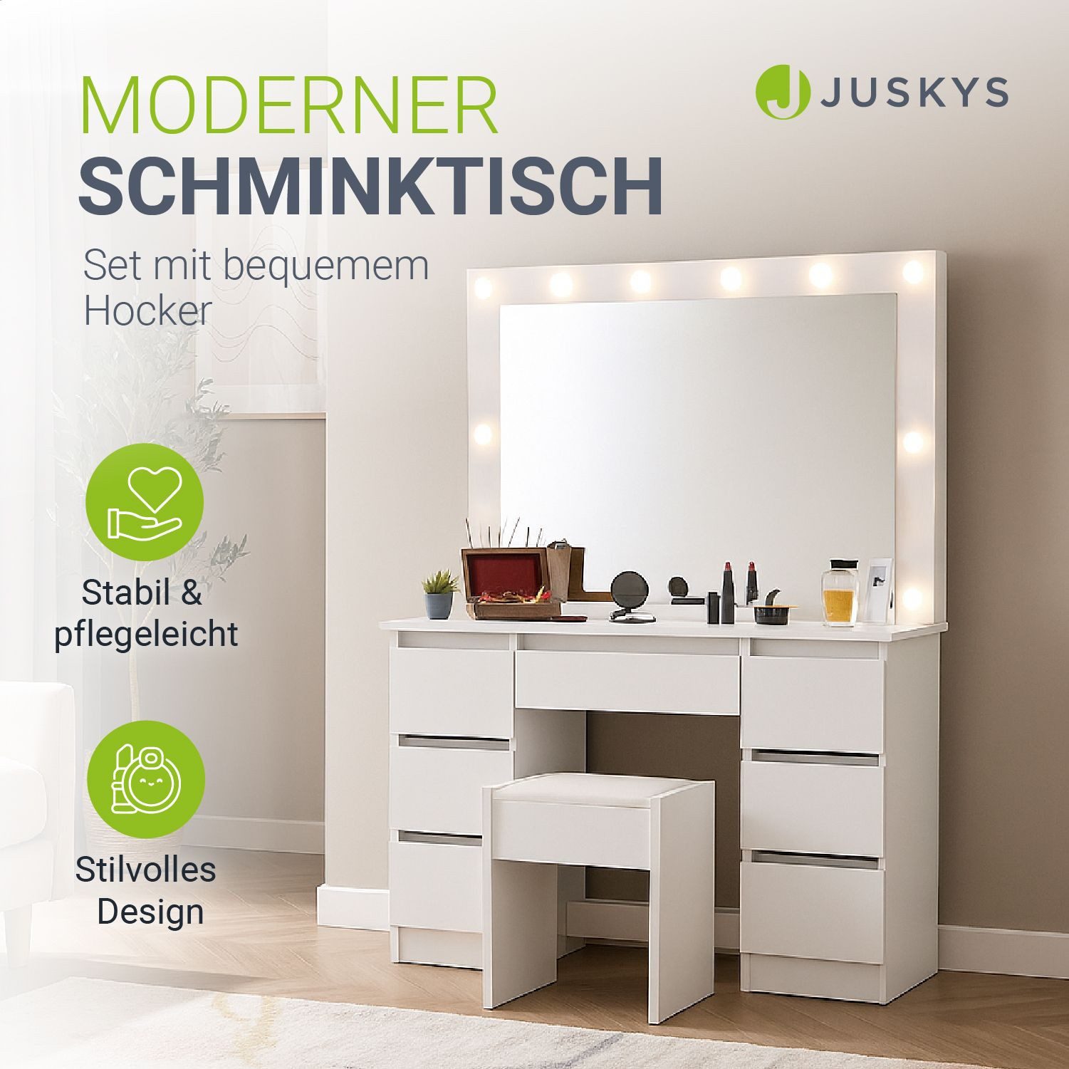 Juskys Schminktisch Lilia (2-St), LED-Beleuchtung, 3 Helligkeitsstufen, Hoc günstig online kaufen