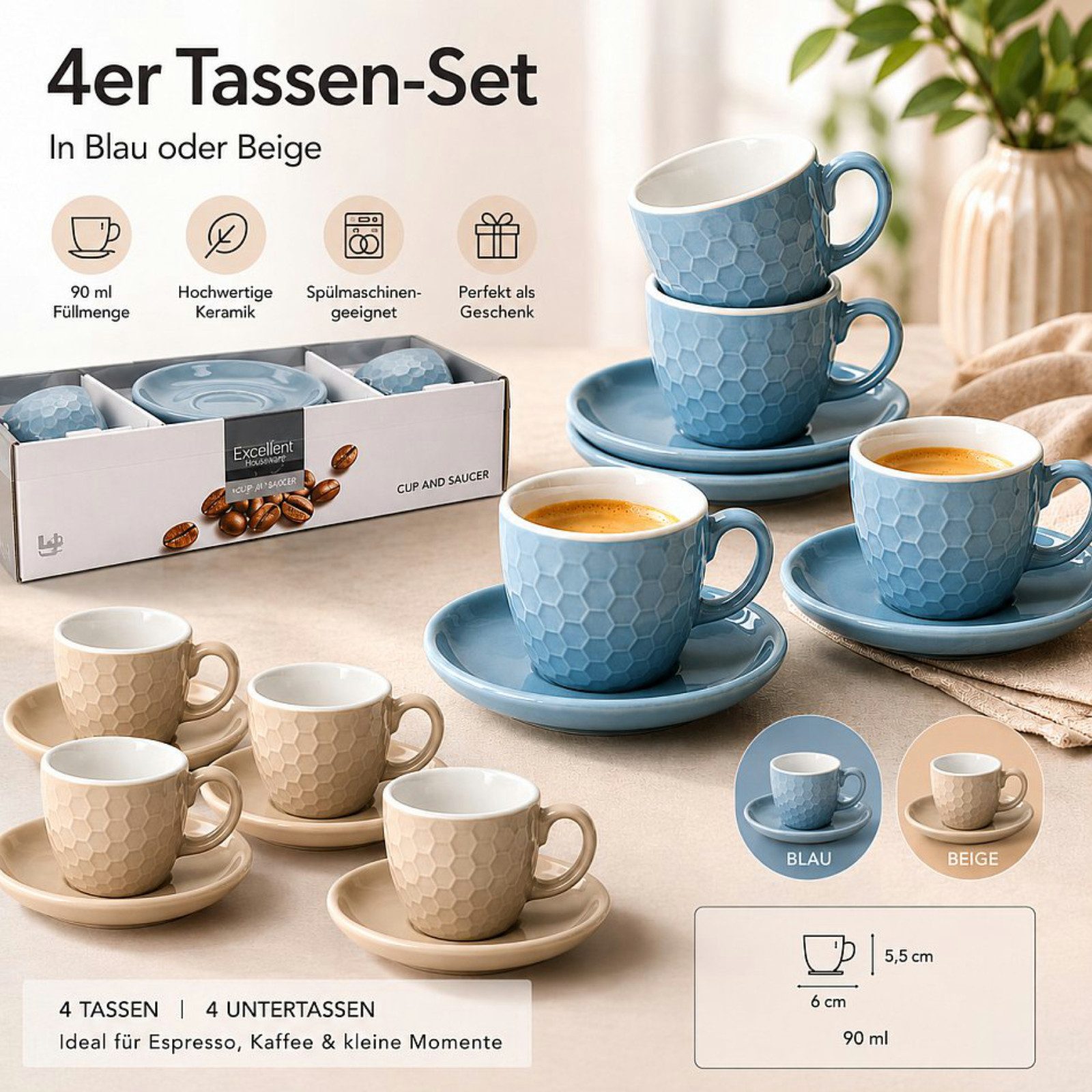Koopman Tasse Kaffeetassen Espressotassen Untertasse Keramik 8tlg 90ml, 8-tlg., Keramik, Blau, 4 Tassen + 4 Untertassen, Wabenmuster, 90ml je Tasse, Geschirr