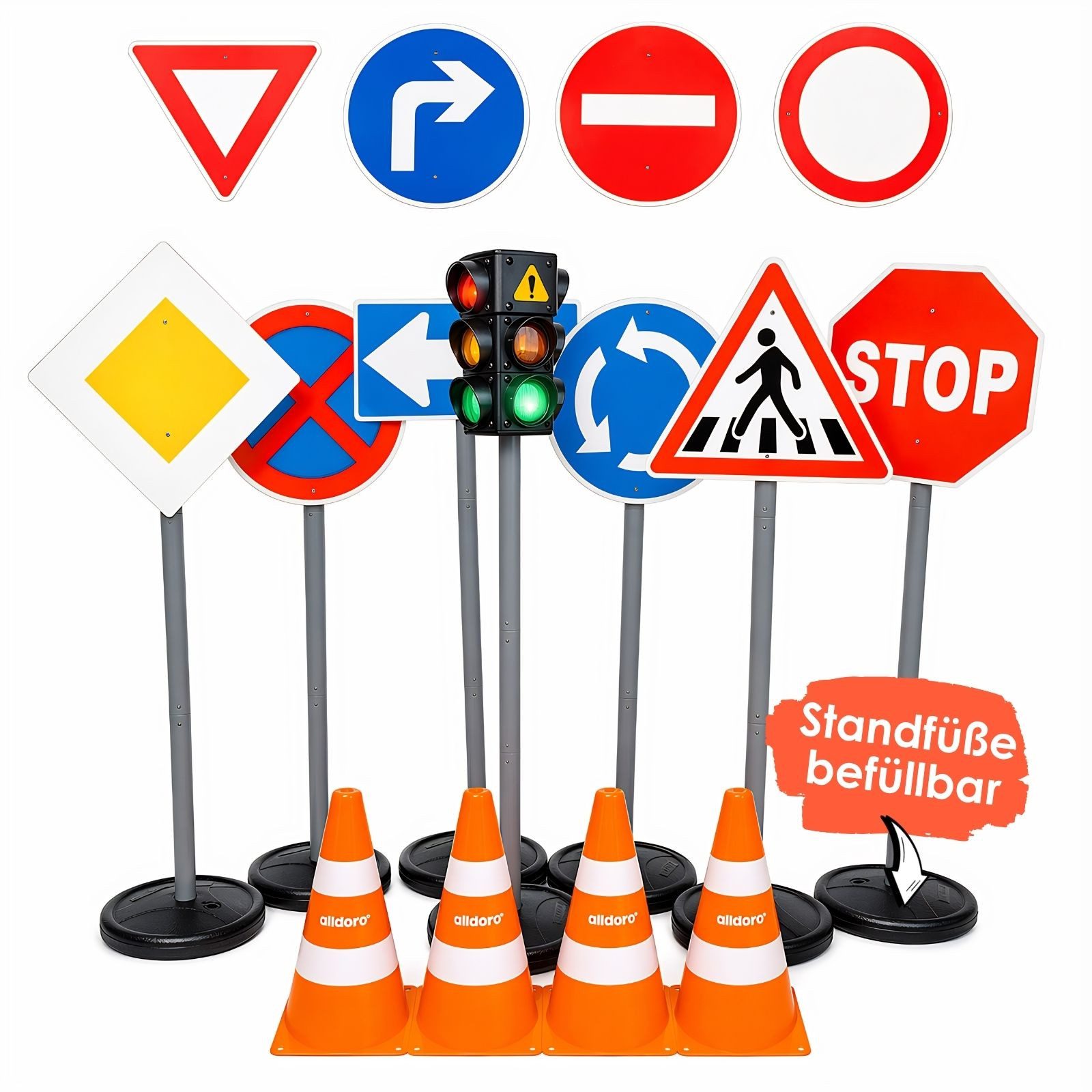 alldoro Spiel-Verkehrszeichen XXL Verkehrsset für Kinder - mit Ampel, 10 Schildern & 4 Pylonen, Standfüße befüllbar, großes Set für Verkehrserziehung und Rollenspiele
