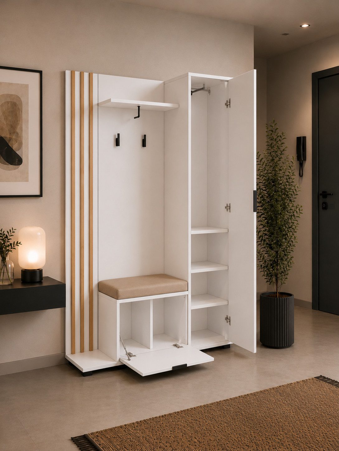 MOEBLO Kompaktgarderobe JOHN (Dielenschrank Wandschrank Regal Diele & Flur Kleiderschrank Schuhschrank, mit Spiegel Flurgarderobe Schrank Kompaktgarderobe), (BxHxT): 135x197x34cm