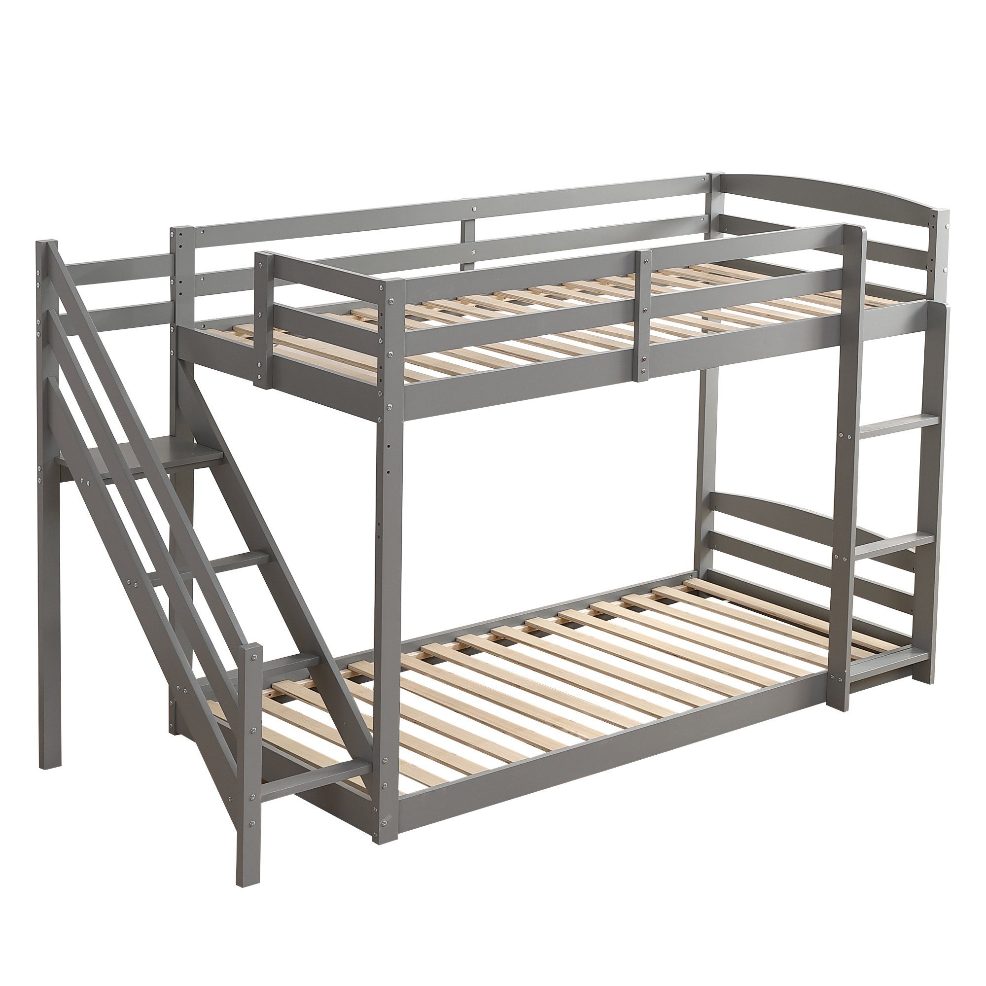 links Matratze Holzbett Sicherheitstreppen grau Gästebett Etagenbett Kinderbett und mit Tagesbett 90*200cm zwei REDOM Lattenrost), Massivholz-Etagenbett (mit ohne rechts,