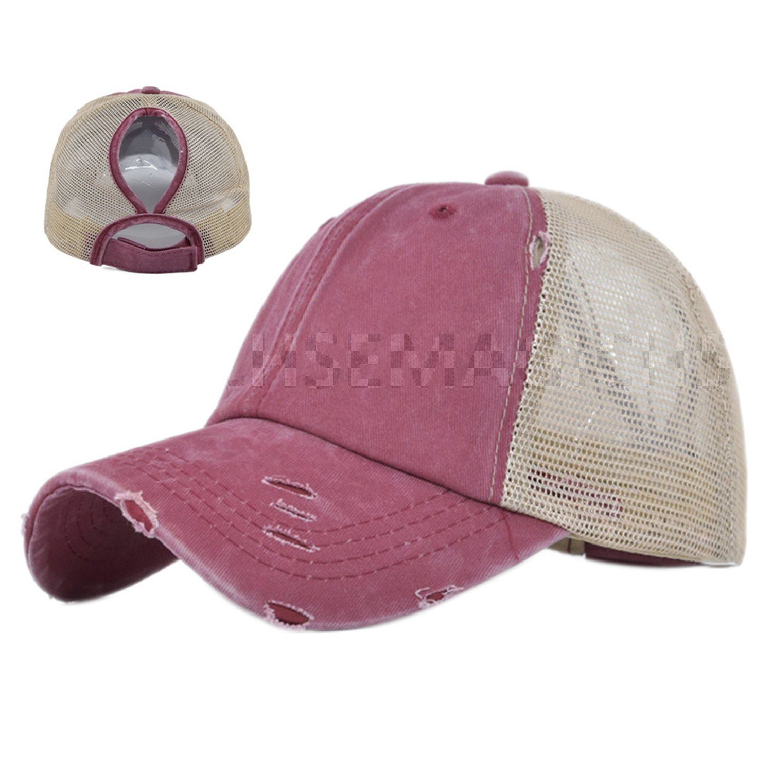 Baseballmütze Cap Faux Pferdeschwanzloch Damen Old Weinrot Baseball mit MAGICSHE