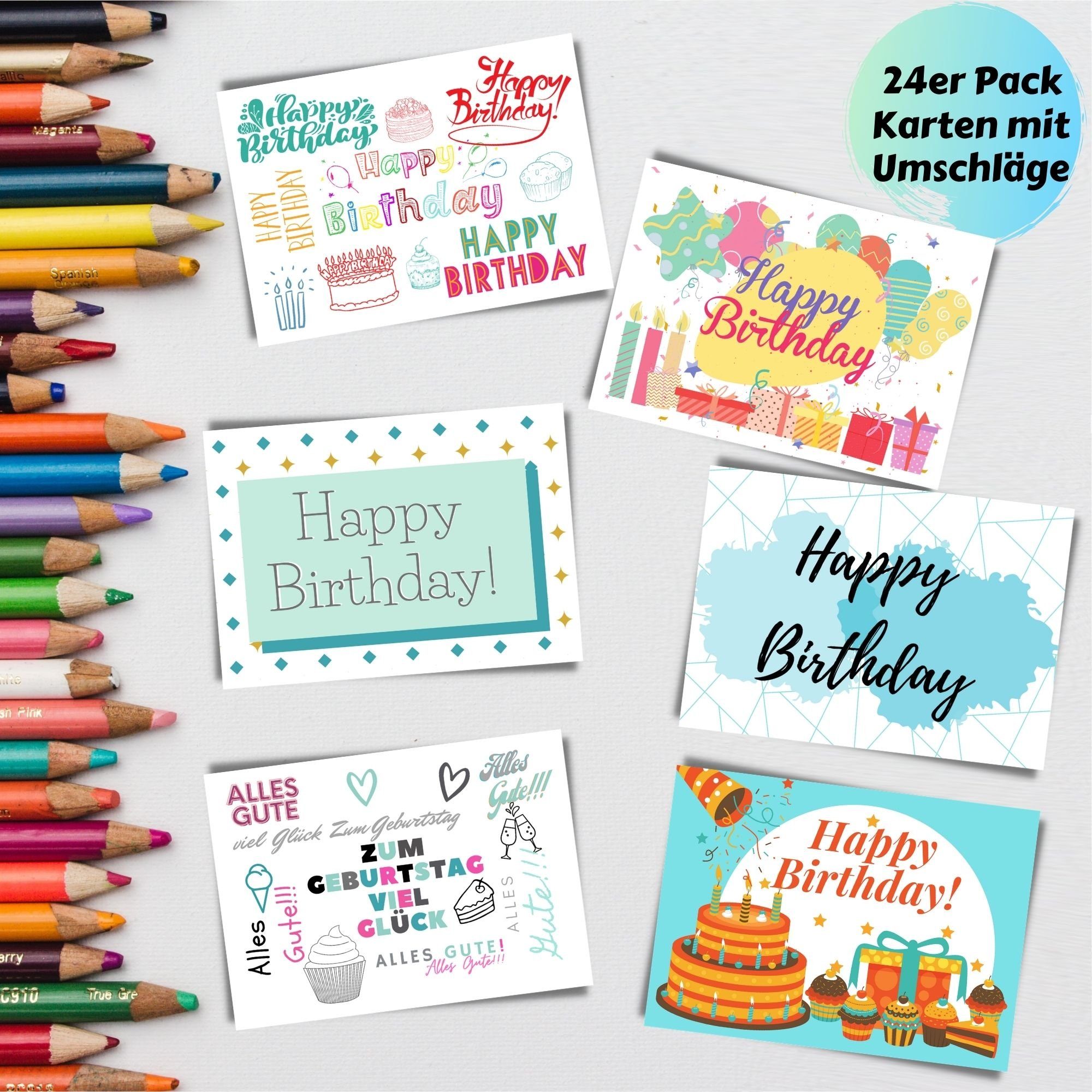 Domelo Postkarten, 24er Umschlag, Karten 24er Geburtstagskarte Birthday Geburtstag Grußkarten Set mit Set, Kraftpapier zum Happy Geburtstagskarten