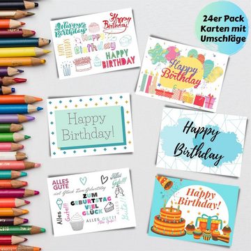 Domelo Geburtstagskarte Geburtstagskarten 24er Set mit Umschlag, Happy Birthday Postkarten, Grußkarten 24er Set, Kraftpapier Karten zum Geburtstag