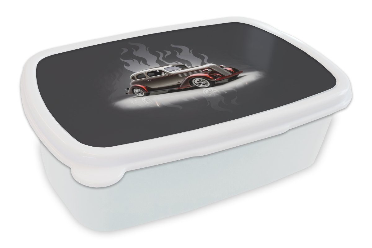 MuchoWow Lunchbox Auto - Weiß - Flammen - Vintage, Kunststoff, (2-tlg), Brotbox für Kinder und Erwachsene, Brotdose, für Jungs und Mädchen
