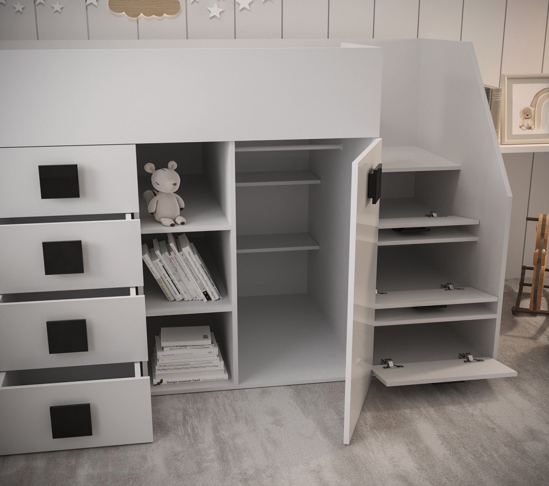 Schwarz Hochbett Kinderbett Home Schrank und 3P-G, TOL Weiß/Griffe mit Schreibtisch, Schubladen Unique
