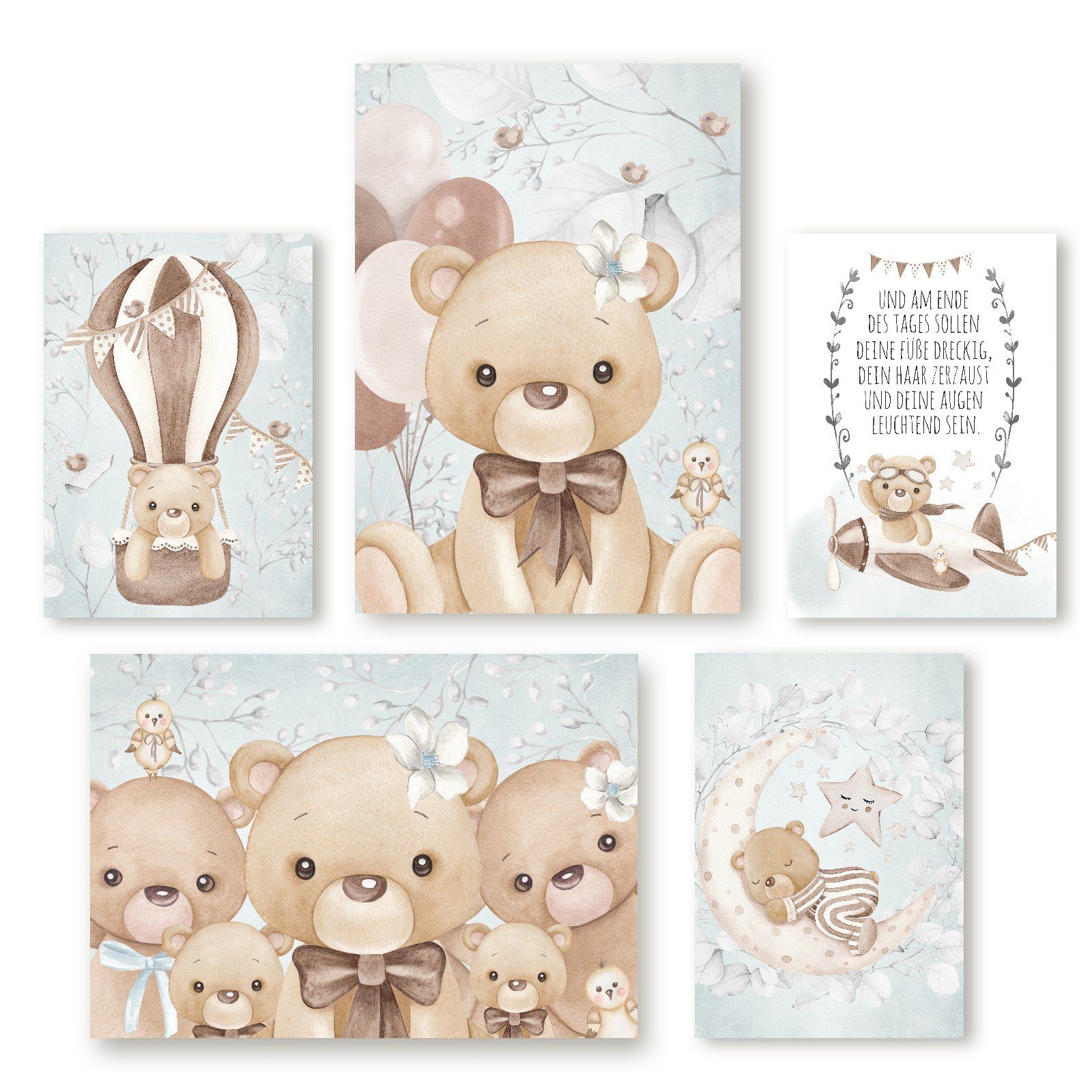 homestyle-accessoires Poster Kinderzimmerbilder Bilderset TEDDYBÄREN - UND AM ENDE DES TAGES, (5 St), - Ohne Bilderrahmen - sorgfältige & sichere Verpackung