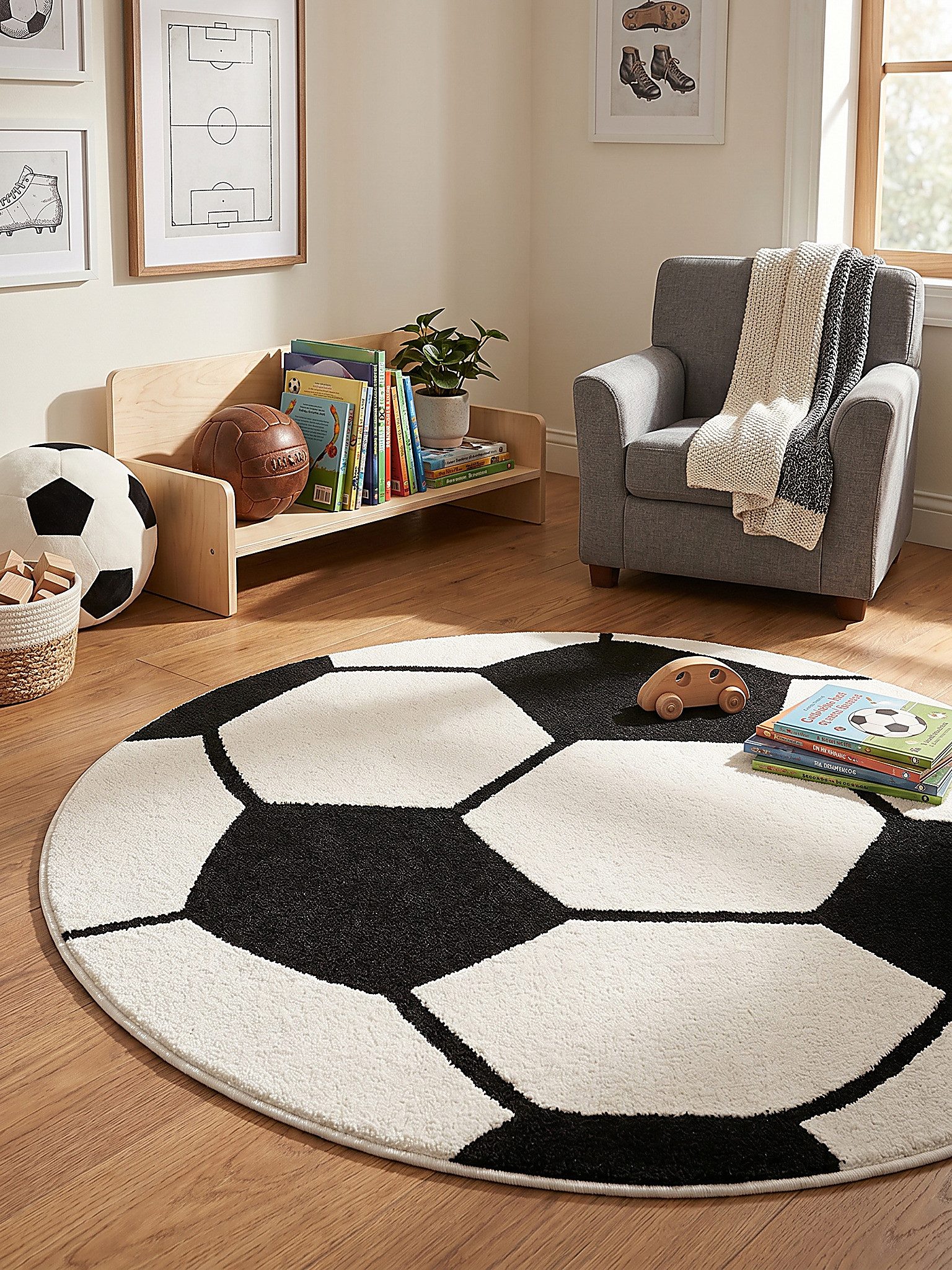 KADIMA DESIGN Kinderteppich CANAZEI Teppich Kinder Schwarz-Weiß 80x80 Fußball Polypropylen, Rund, Höhe: 14 mm, Saugroboter-geeignet, Strapazierfähig, Farbecht – Bild 3 von 5