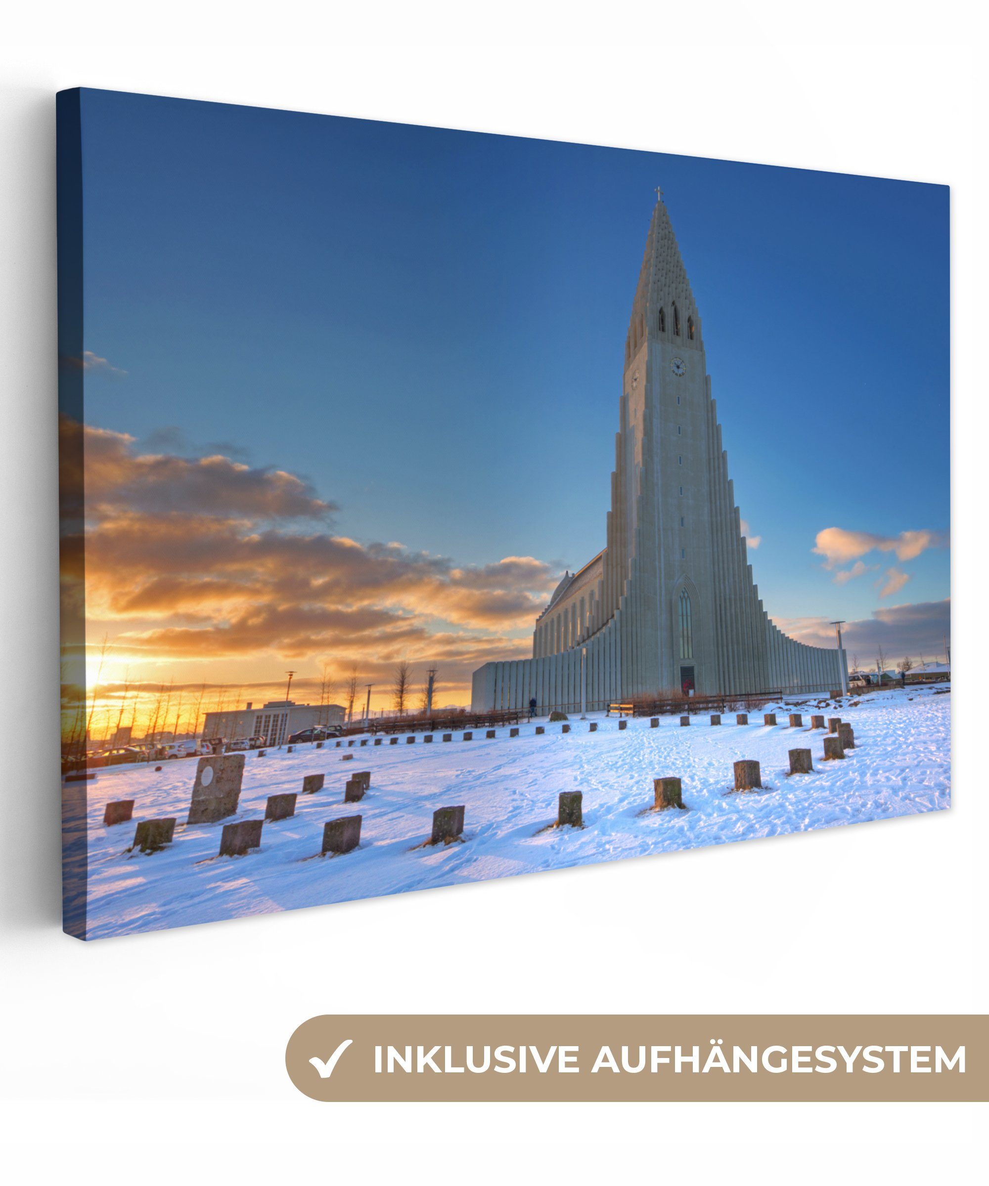 OneMillionCanvasses® Leinwandbild Reykjavik Hallgrimskirkja, (1 St), Wandbild Leinwandbilder, Aufhängefertig, Wanddeko, 30x20 cm