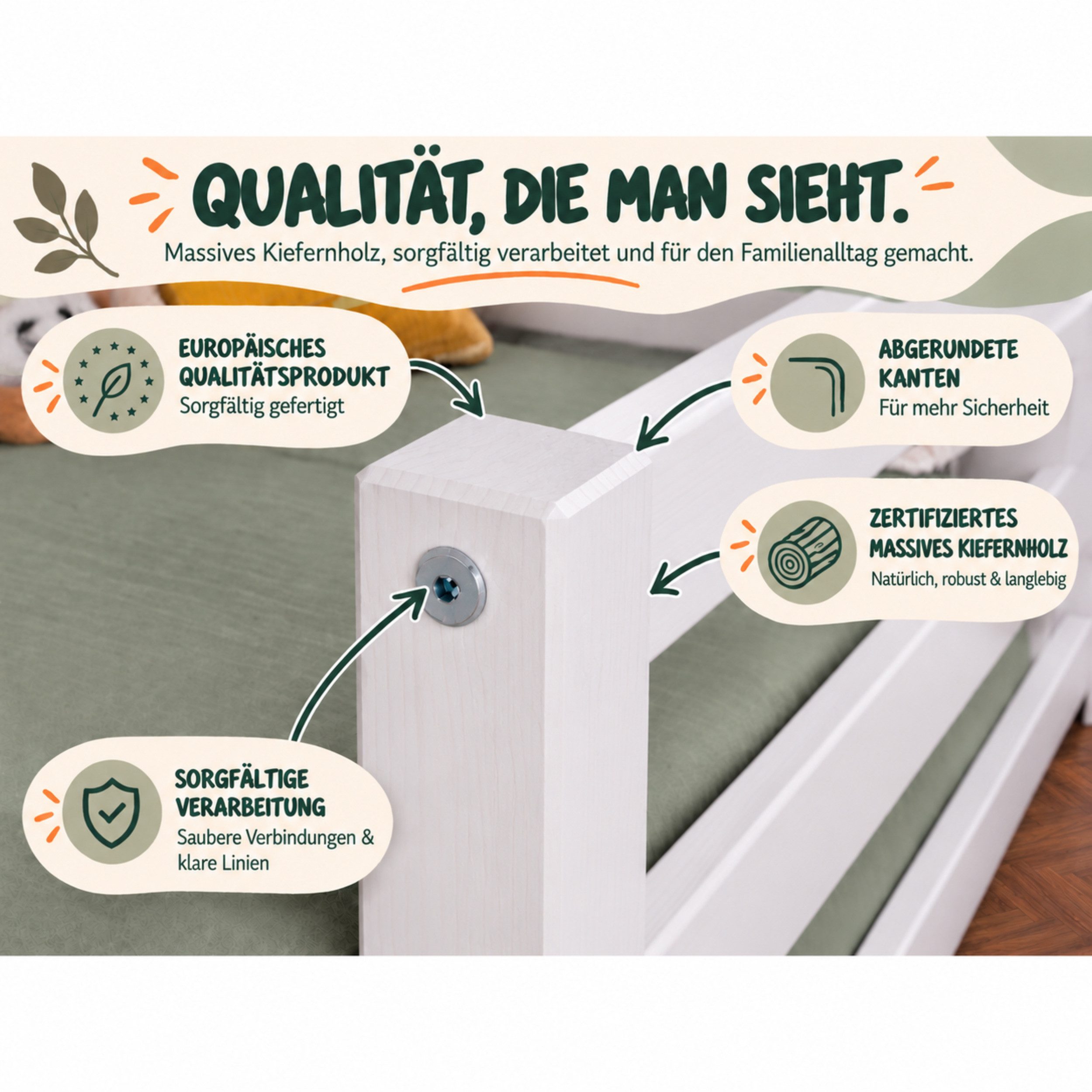 Ticaa Kinderbett Neo Hausbett Bodenbett mit Rausfallschutz 150kg (90x200 aus Kiefer Massivholz), inkl. stabilem Roll-Lattenrost, Weiß – Bild 5 von 5
