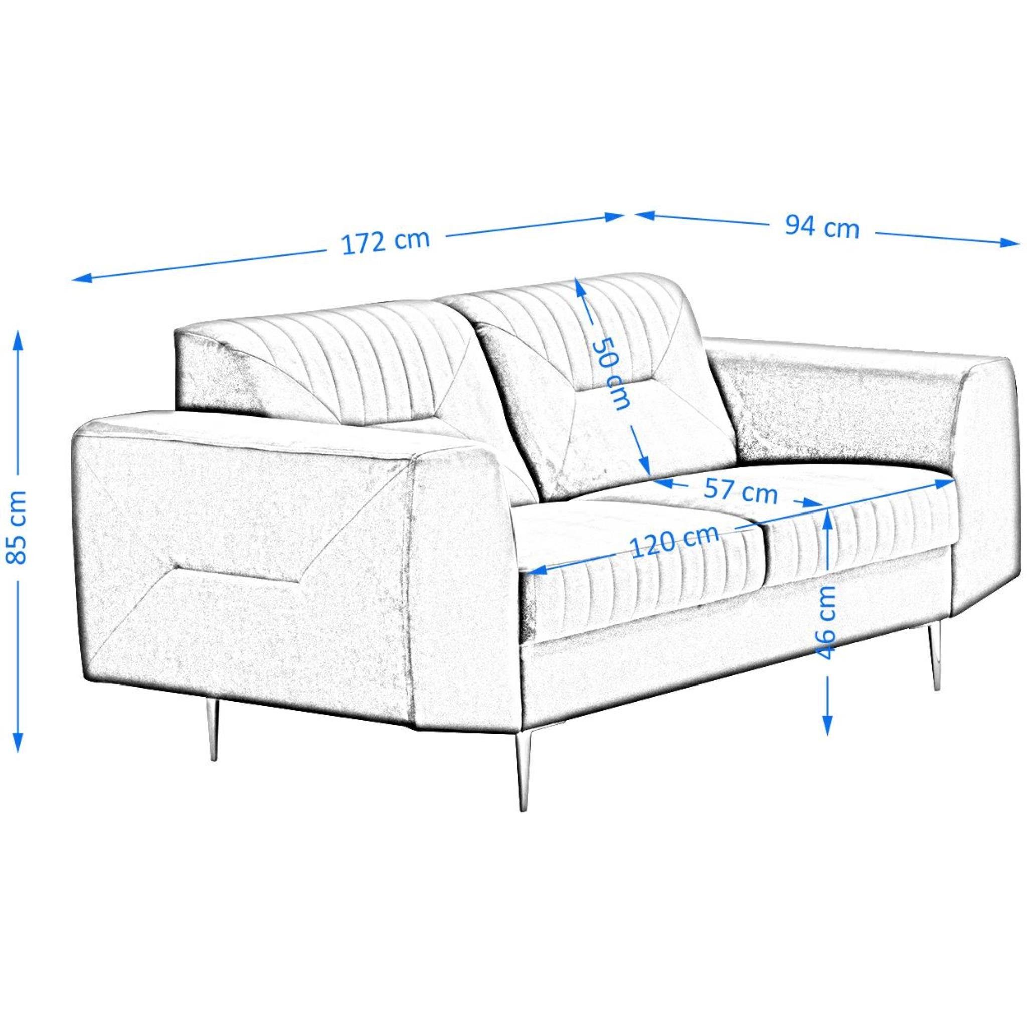 VENEZIA, Sofa mit Hellgrau Zweisitzer Velours modernes im Beautysofa Design, Metallbeine, 03) aus Relaxsofa 2-Sitzer (bluvel