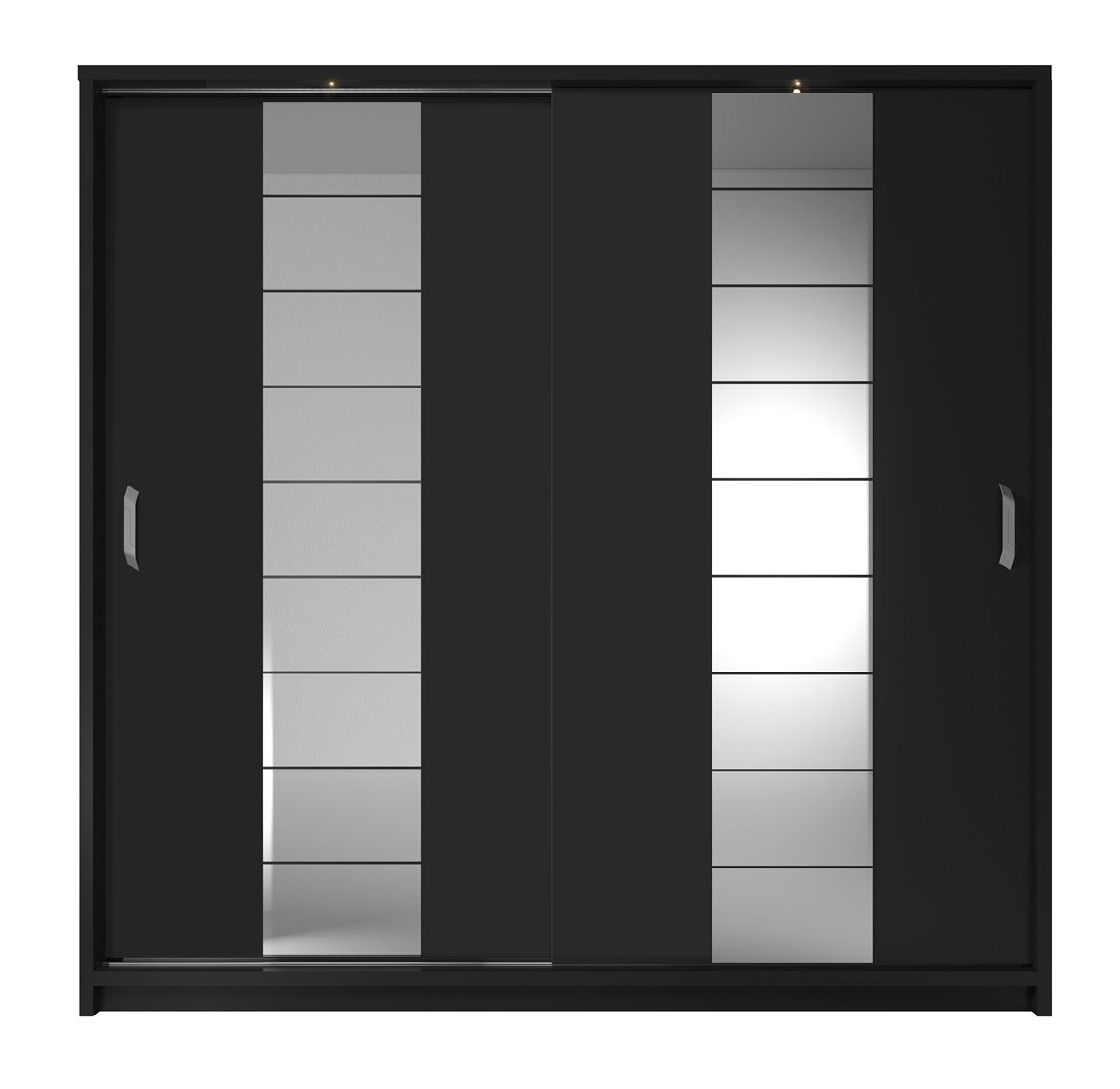 Schwebetürenschrank Schwarz Schlafzimmer Breite für zweitürig, Geräumiger Kleiderschrank 220 cm, Compleo ARTI 14, LED-Beleuchtung
