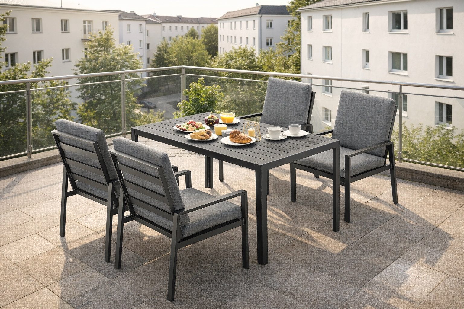 MeXo Gartenlounge-Set Lounge Gartenmöbelset Aluminium Wetterfest, (Garten Essgruppe für 4 Personen, 5-tlg., 4 Sessel, Esstisch 140x80x70 cm), 85 cm Rückenlehne, hoher Sitzkomfort